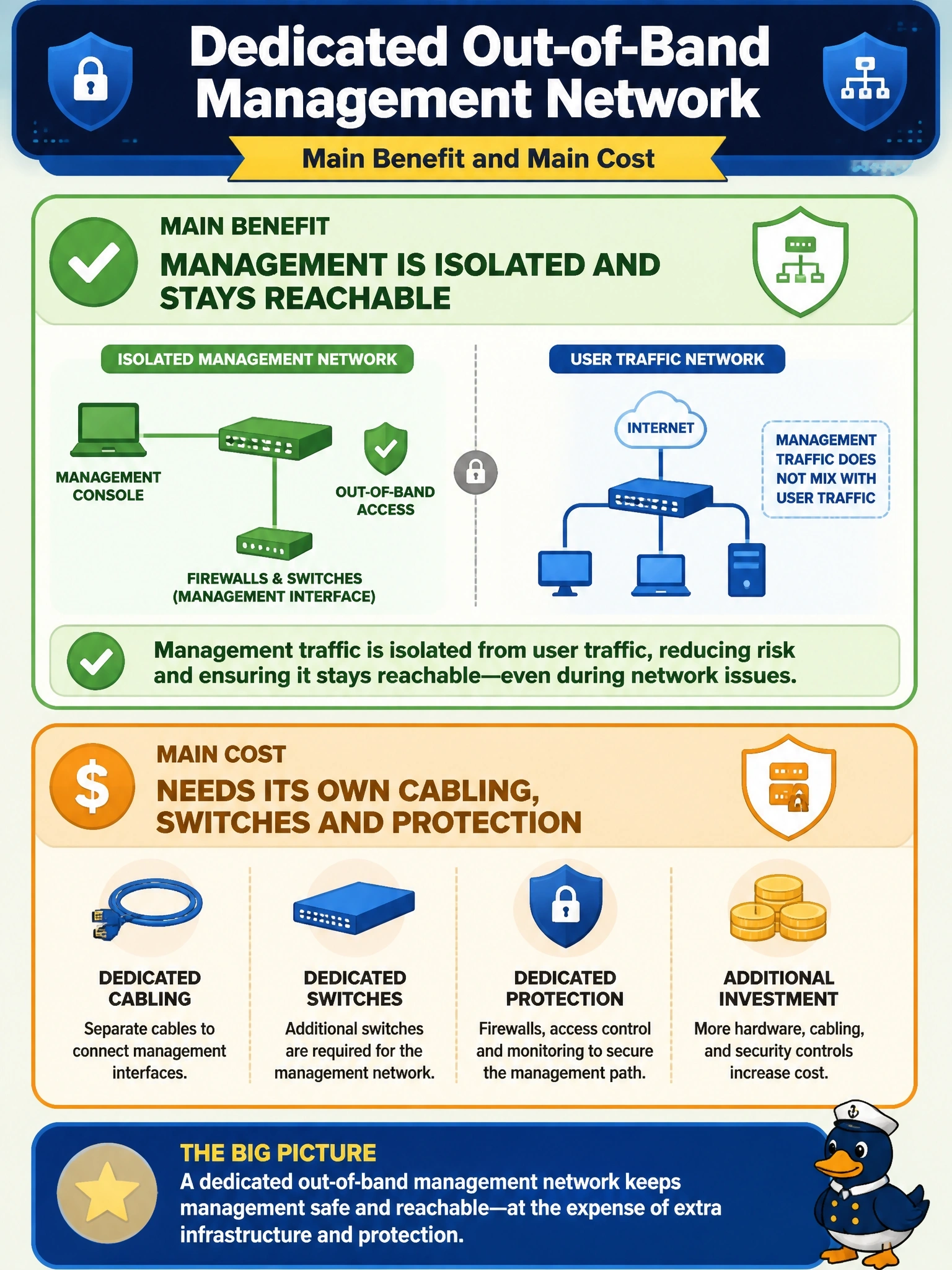 To Create an exciting colorful infographic that explains the concepts in the question: Question: Auditors require firewall and switch management sessions to be isolated from user traffic, and the team proposes a dedicated out-of-band management network. Which statement describes the main benefit and the main cost of this design? Correct Answer: Management is isolated and stays reachable, but needs its own cabling, switches and protection Put EVERY visible label in double quotes. No people. No A/B/C/D letters. In one of the four corners put a little "Navy Duck".