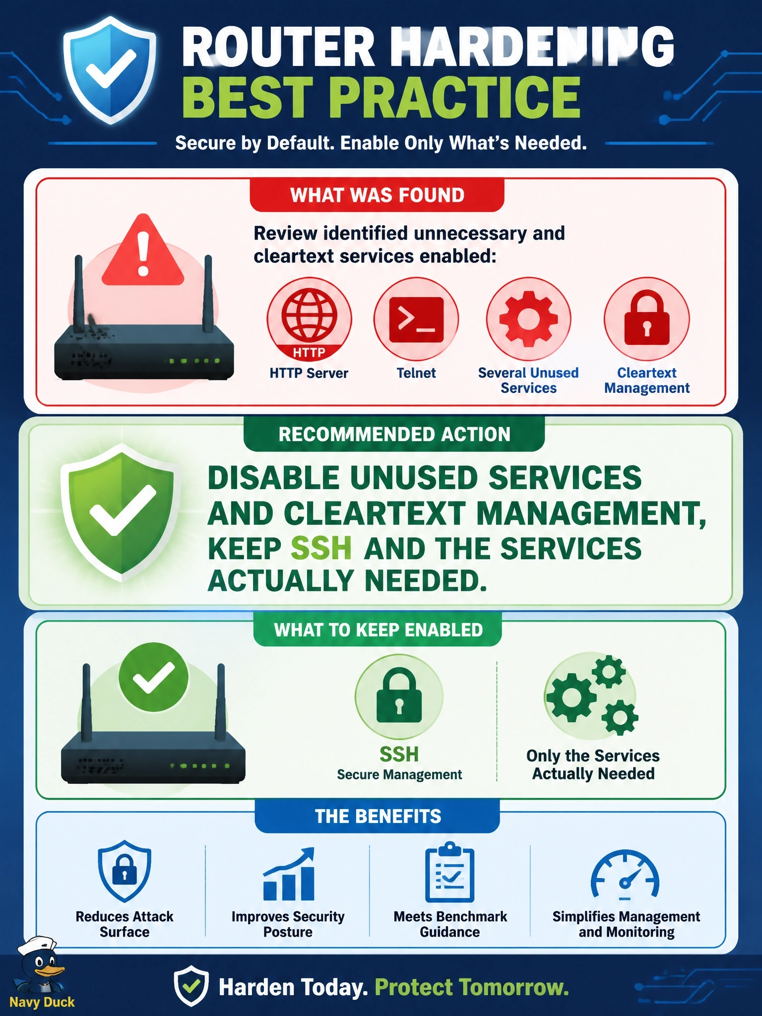 To Create an exciting colorful infographic that explains the concepts in the question: Question: A hardening review of branch routers finds the HTTP server, Telnet and several unused services enabled. The team is applying benchmark-style guidance to the routers. What is the recommended action for these findings? Correct Answer: Disable unused services and cleartext management, keeping SSH and the services actually needed Put EVERY visible label in double quotes. No people. No A/B/C/D letters. In one of the four corners put a little "Navy Duck".