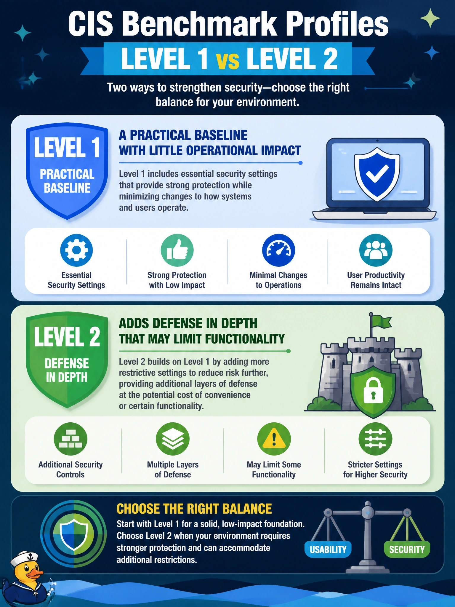 To Create an exciting colorful infographic that explains the concepts in the question: Question: A team reading a CIS benchmark asks how Level 1 and Level 2 profile recommendations differ. Which description is correct? Correct Answer: Level 1 is a practical baseline with little operational impact; Level 2 adds defense in depth that may limit functionality Put EVERY visible label in double quotes. No people. No A/B/C/D letters. In one of the four corners put a little "Navy Duck".