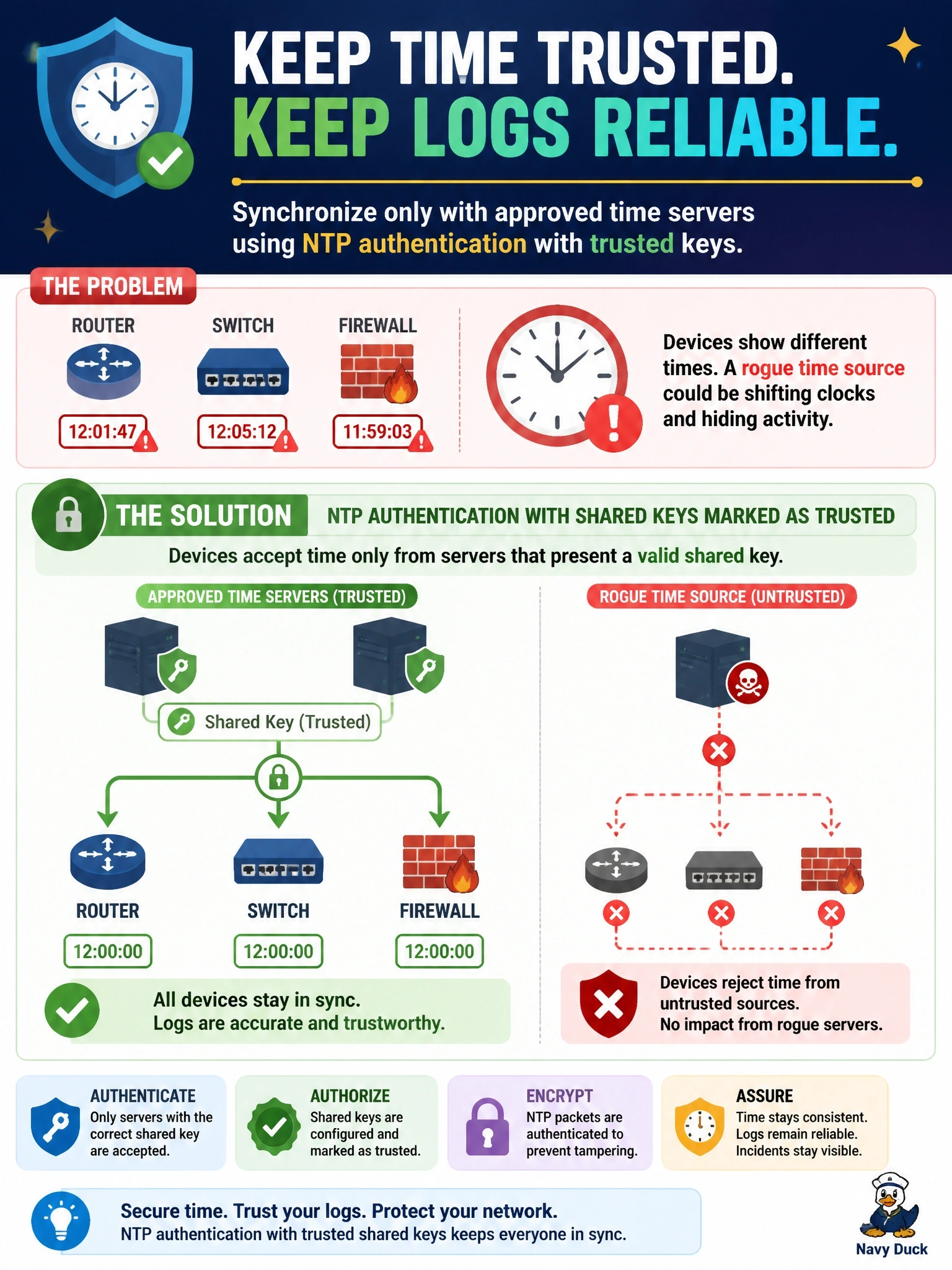 To Create an exciting colorful infographic that explains the concepts in the question: Question: During an incident review, log timestamps from routers, switches and firewalls disagree by several minutes, and the team suspects a rogue time source could shift clocks to hide activity. What should be configured so devices accept time only from approved servers? Correct Answer: NTP authentication with shared keys marked as trusted, so devices synchronize only to servers presenting a valid key Put EVERY visible label in double quotes. No people. No A/B/C/D letters. In one of the four corners put a little "Navy Duck".