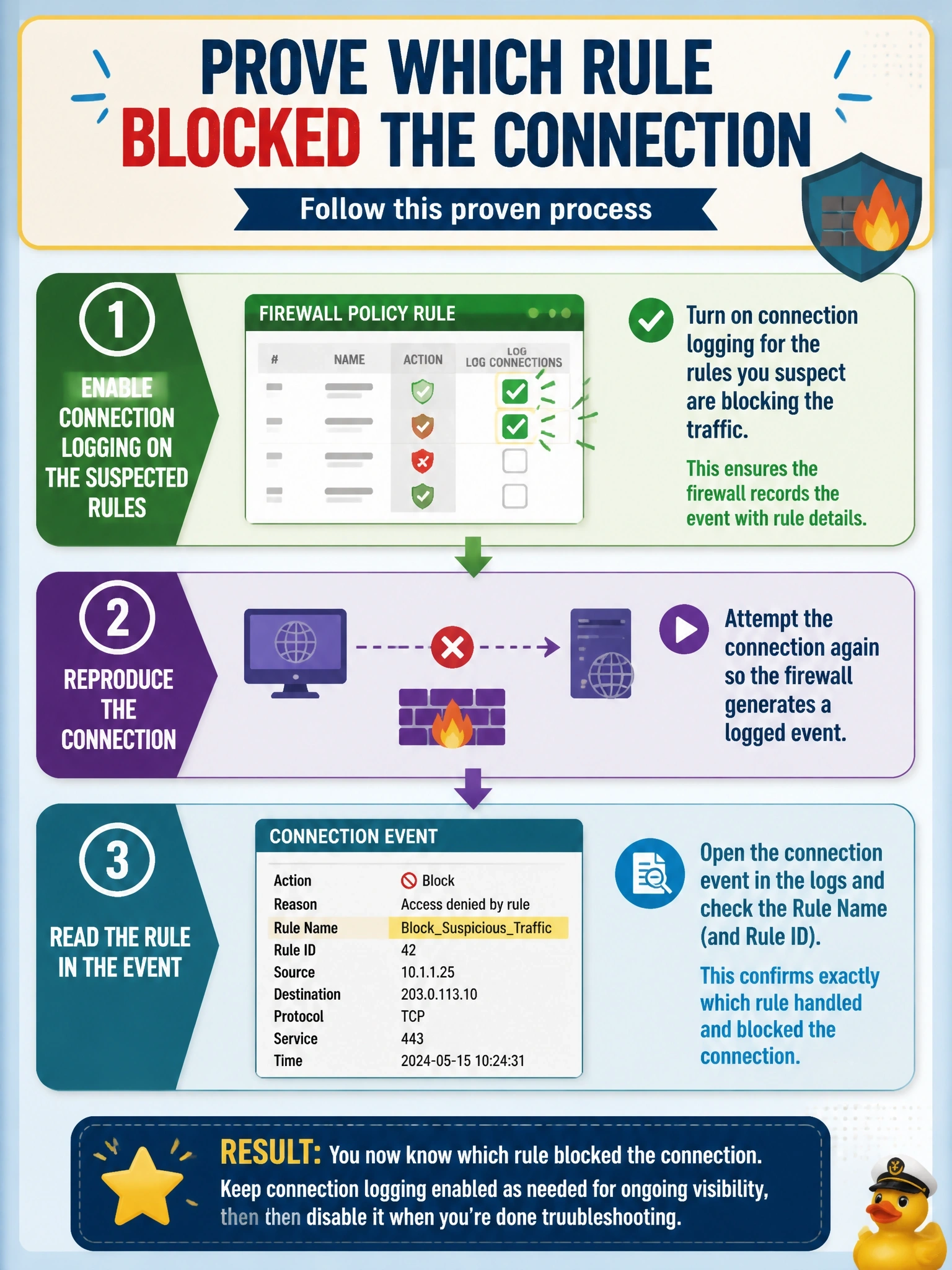 To Create an exciting colorful infographic that explains the concepts in the question: Question: A user reports a blocked connection through a Cisco Secure Firewall (FTD), but no connection event exists for it. The engineer suspects a block rule but must prove which rule handled the session. What should be done first? Correct Answer: Enable connection logging on the suspected rules, reproduce the connection, and read the rule in the event Put EVERY visible label in double quotes. No people. No A/B/C/D letters. In one of the four corners put a little "Navy Duck".