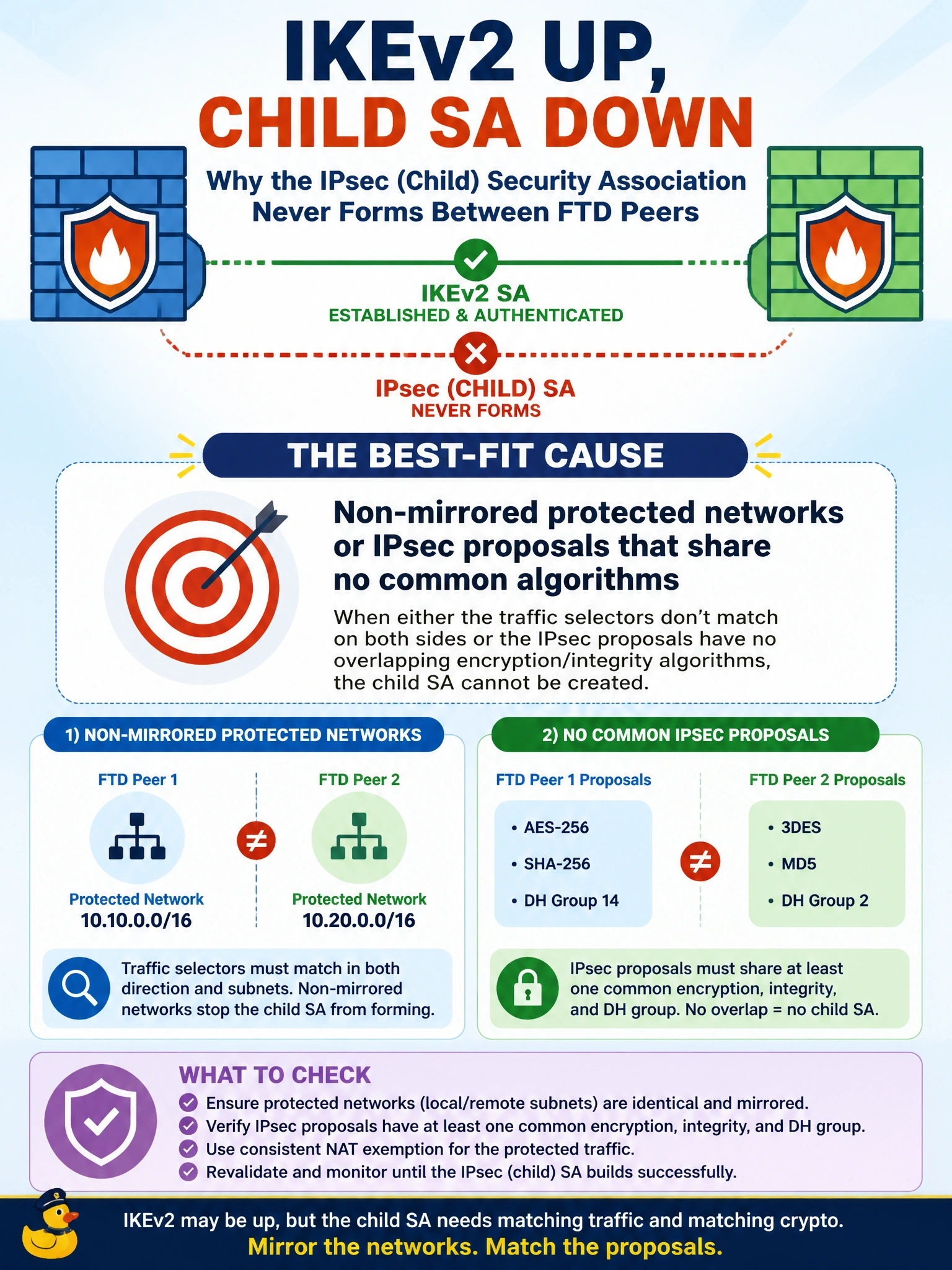 To Create an exciting colorful infographic that explains the concepts in the question: Question: Between two Cisco Secure Firewall (FTD) peers, the IKEv2 security association is established and authenticated, but no IPsec (child) security association ever forms. Which cause best fits this symptom? Correct Answer: Non-mirrored protected networks or IPsec proposals that share no common algorithms Put EVERY visible label in double quotes. No people. No A/B/C/D letters. In one of the four corners put a little "Navy Duck".