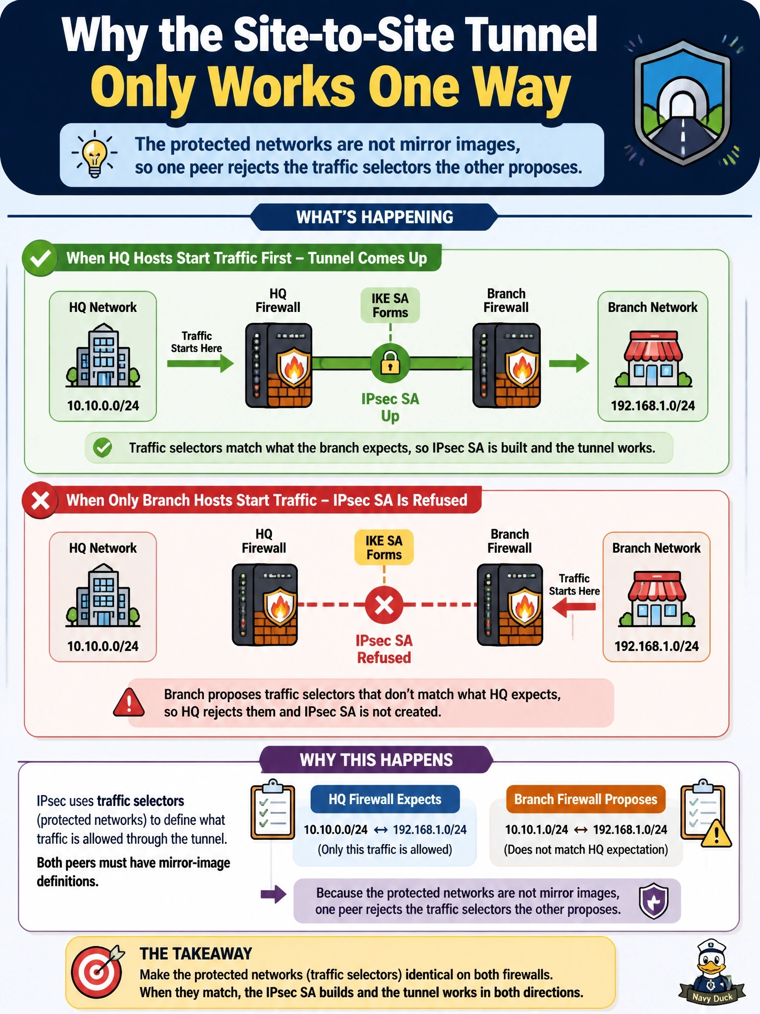 To Create an exciting colorful infographic that explains the concepts in the question: Question: A site-to-site tunnel between HQ and branch Cisco Secure Firewall (FTD) devices comes up whenever HQ hosts send traffic first. When only branch hosts start traffic, the IKE SA forms but the IPsec SA is refused. What most likely explains this? Correct Answer: The protected networks are not mirror images, so one peer rejects the traffic selectors the other proposes Put EVERY visible label in double quotes. No people. No A/B/C/D letters. In one of the four corners put a little "Navy Duck".
