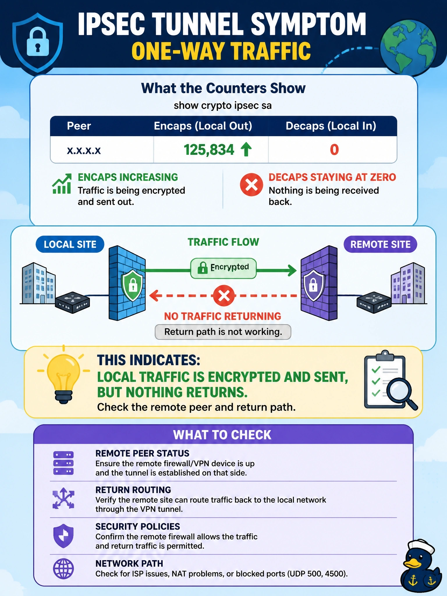 To Create an exciting colorful infographic that explains the concepts in the question: Question: On a Cisco Secure Firewall (FTD), 'show crypto ipsec sa' for a site-to-site tunnel shows the encaps counter increasing steadily while the decaps counter stays at zero. Users at both sites report no connectivity. What does this indicate? Correct Answer: Local traffic is encrypted and sent, but nothing returns, so check the remote peer and return path Put EVERY visible label in double quotes. No people. No A/B/C/D letters. In one of the four corners put a little "Navy Duck".