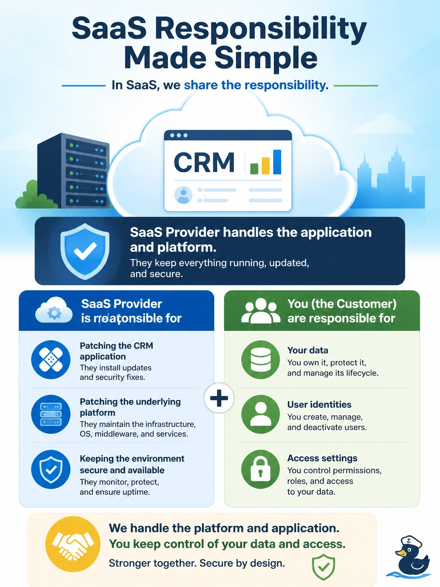 To Create an exciting colorful infographic that explains the concepts in the question: Question: A company moves its customer relationship management system from on-premises servers to a SaaS provider. An auditor asks who is responsible for patching the CRM application and its underlying platform. What is the correct answer? Correct Answer: The SaaS provider, while the customer stays responsible for its data, user identities and access settings Put EVERY visible label in double quotes. No people. No A/B/C/D letters. In one of the four corners put a little "Navy Duck".