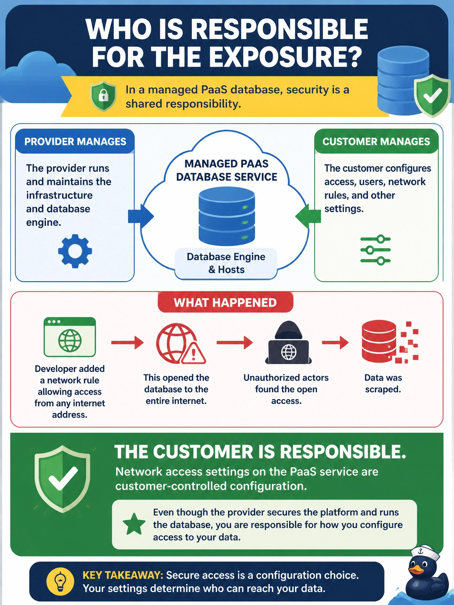 To Create an exciting colorful infographic that explains the concepts in the question: Question: A team uses a managed PaaS database service. The provider runs the database engine and its hosts, but a developer added a network rule allowing access from any internet address, and the data was scraped. Who is responsible for the exposure? Correct Answer: The customer, because network access settings on the PaaS service are customer-controlled configuration Put EVERY visible label in double quotes. No people. No A/B/C/D letters. In one of the four corners put a little "Navy Duck".