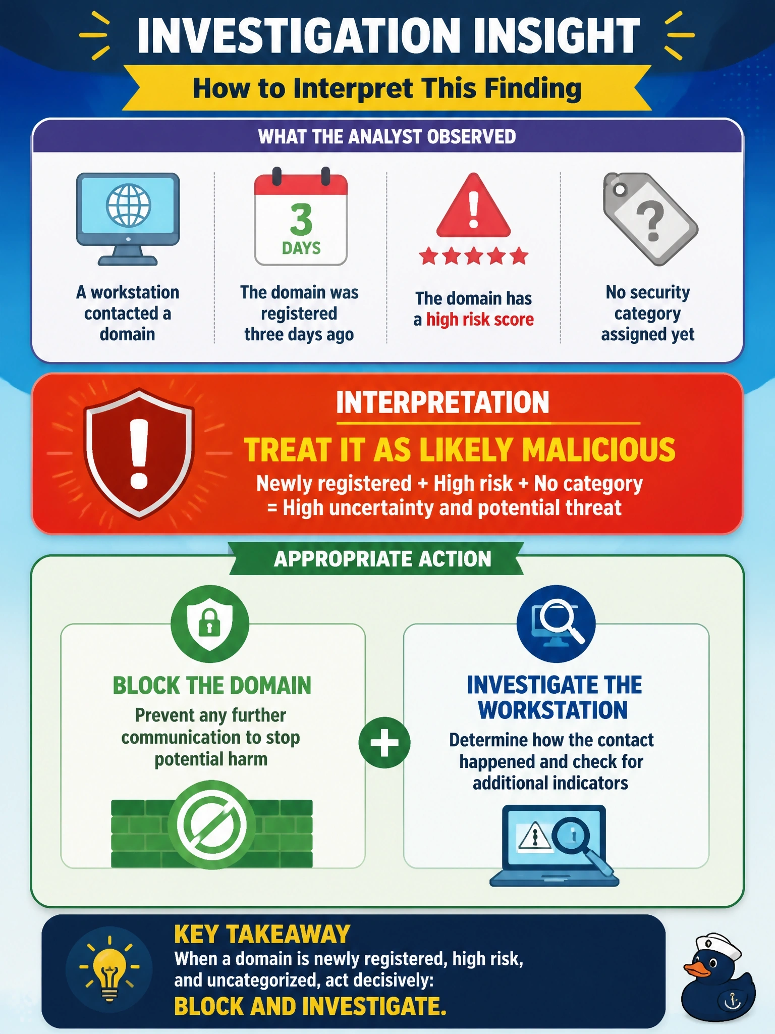 To Create an exciting colorful infographic that explains the concepts in the question: Question: In Cisco Secure Access Investigate, an analyst reviews a domain contacted by one workstation. The domain was registered three days ago and carries a high risk score, but it has no security category assigned yet. What is the most appropriate interpretation? Correct Answer: Treat it as likely malicious: block the domain and investigate the workstation that contacted it Put EVERY visible label in double quotes. No people. No A/B/C/D letters. In one of the four corners put a little "Navy Duck".