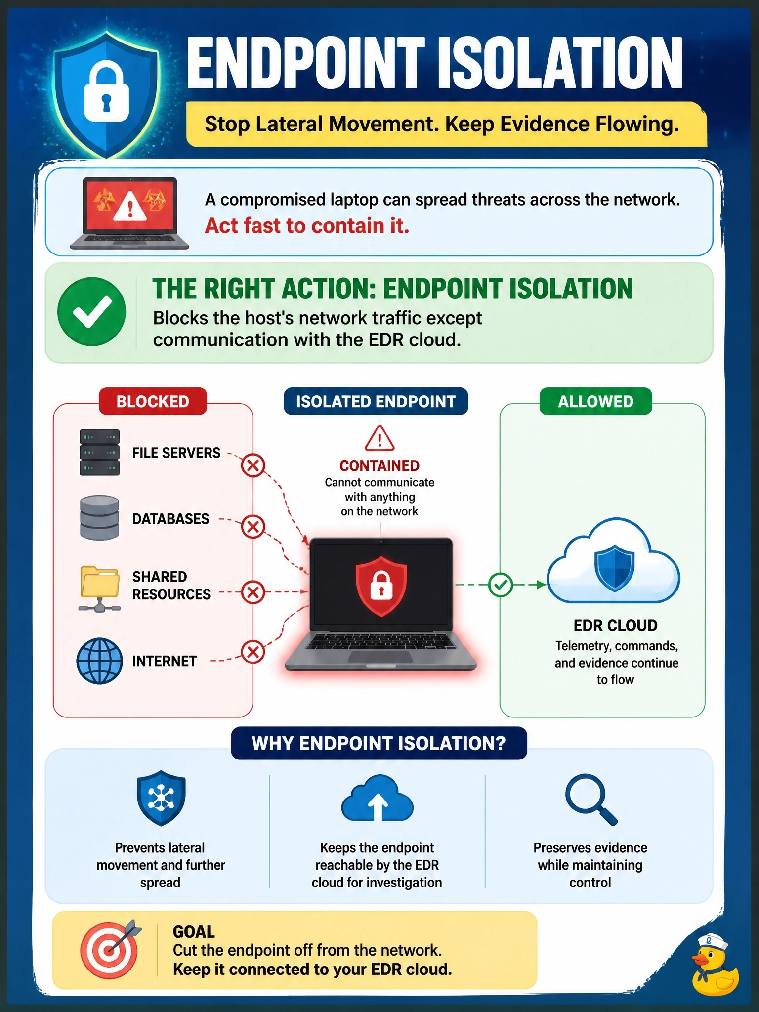 To Create an exciting colorful infographic that explains the concepts in the question: Question: A laptop shows signs of active compromise and may be spreading laterally. Responders need to cut it off from the rest of the network immediately while keeping it reachable from the security console so they can continue collecting evidence. Which EDR response action fits? Correct Answer: Endpoint isolation, which blocks the host's network traffic except communication with the EDR cloud Put EVERY visible label in double quotes. No people. No A/B/C/D letters. In one of the four corners put a little "Navy Duck".