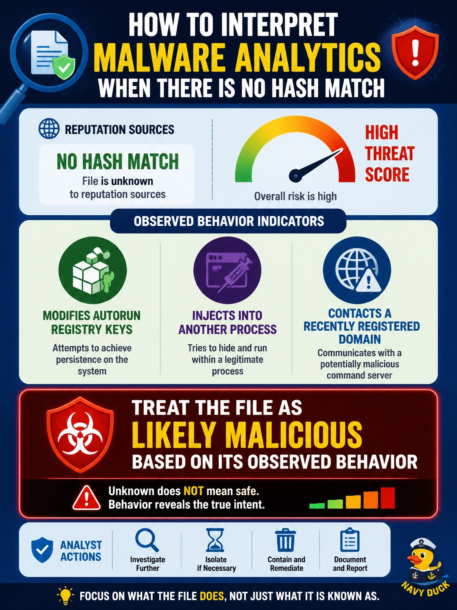 To Create an exciting colorful infographic that explains the concepts in the question: Question: A Secure Malware Analytics report shows no hash match for a file in any reputation source, but it lists behavioral indicators such as modifying autorun registry keys, injecting into another process and contacting a recently registered domain, along with a high threat score. How should the analyst interpret it? Correct Answer: Treat the file as likely malicious on its observed behavior, despite there being no known hash Put EVERY visible label in double quotes. No people. No A/B/C/D letters. In one of the four corners put a little "Navy Duck".