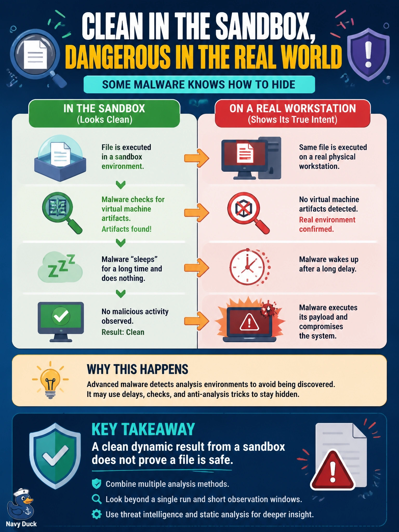 To Create an exciting colorful infographic that explains the concepts in the question: Question: A sample shows no malicious activity in the sandbox, yet the same file later compromises a physical workstation. Researchers find that it checks for virtual machine artifacts and sleeps for a long period before acting. What does this indicate about the analysis? Correct Answer: The malware evaded the sandbox, so a clean dynamic result alone does not prove a file is safe Put EVERY visible label in double quotes. No people. No A/B/C/D letters. In one of the four corners put a little "Navy Duck".