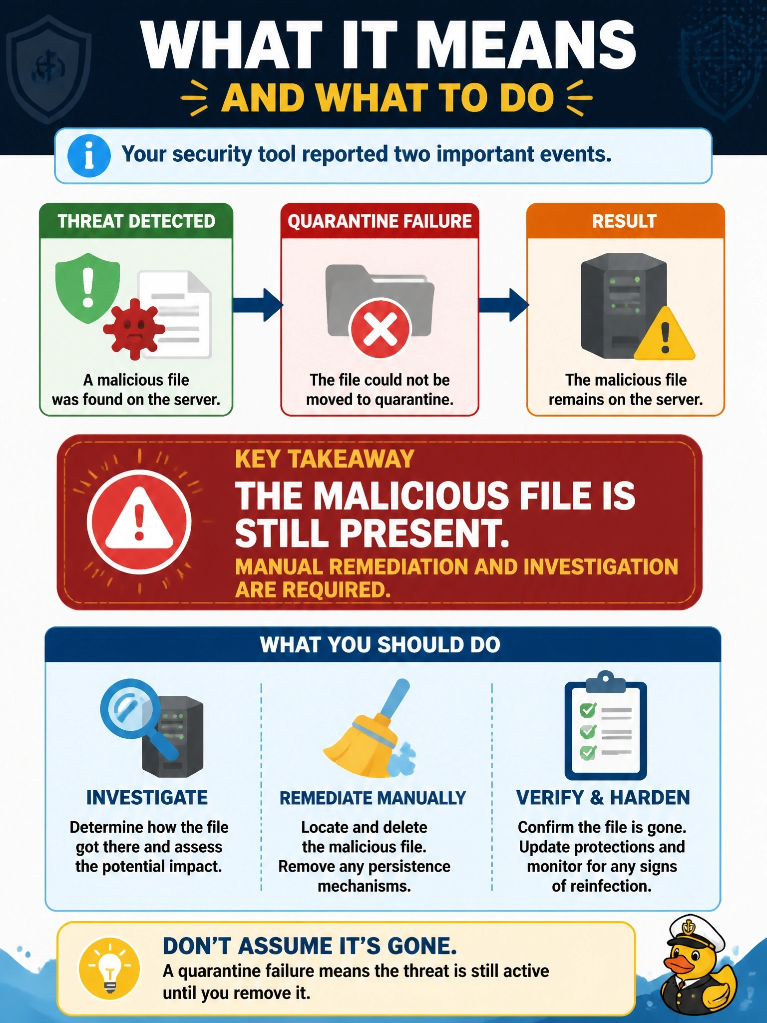 To Create an exciting colorful infographic that explains the concepts in the question: Question: Cisco Secure Endpoint reports a Threat Detected event followed by a Quarantine Failure event for a malicious file on a server. How should this be interpreted? Correct Answer: The malicious file is still present, so manual remediation and investigation are required Put EVERY visible label in double quotes. No people. No A/B/C/D letters. In one of the four corners put a little "Navy Duck".