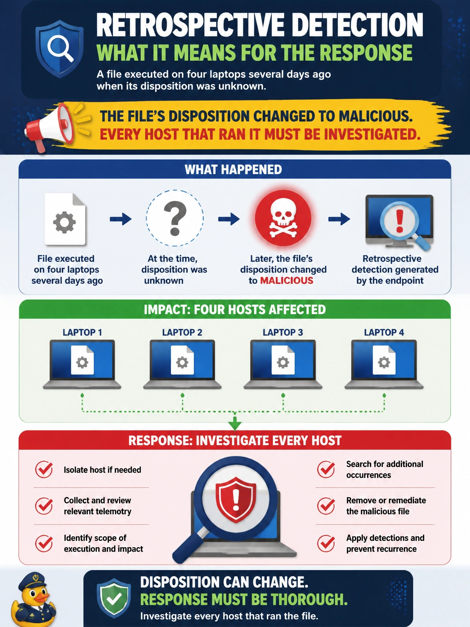 To Create an exciting colorful infographic that explains the concepts in the question: Question: Cisco Secure Endpoint generates a retrospective detection for a file that executed on four laptops several days ago, when its disposition was unknown. What does this event mean for the response? Correct Answer: The file's disposition changed to malicious, so every host that ran it must be investigated Put EVERY visible label in double quotes. No people. No A/B/C/D letters. In one of the four corners put a little "Navy Duck".