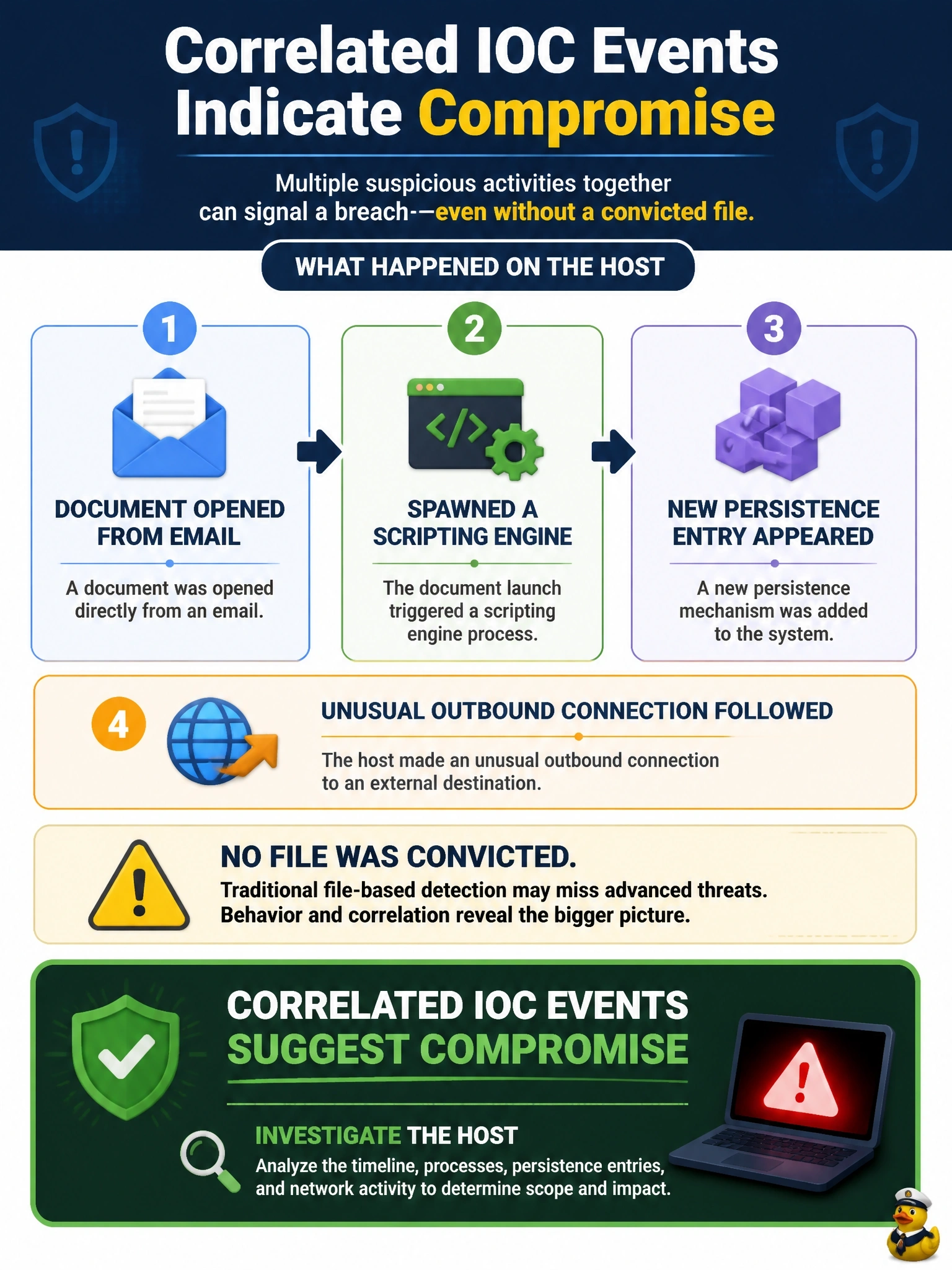 To Create an exciting colorful infographic that explains the concepts in the question: Question: Cisco Secure Endpoint flags several indications of compromise on a laptop: a document opened from email spawned a scripting engine, a new persistence entry appeared and an unusual outbound connection followed. No file on the laptop was convicted. How should this be interpreted? Correct Answer: Correlated IOC events suggest compromise even without a convicted file, so investigate the host Put EVERY visible label in double quotes. No people. No A/B/C/D letters. In one of the four corners put a little "Navy Duck".