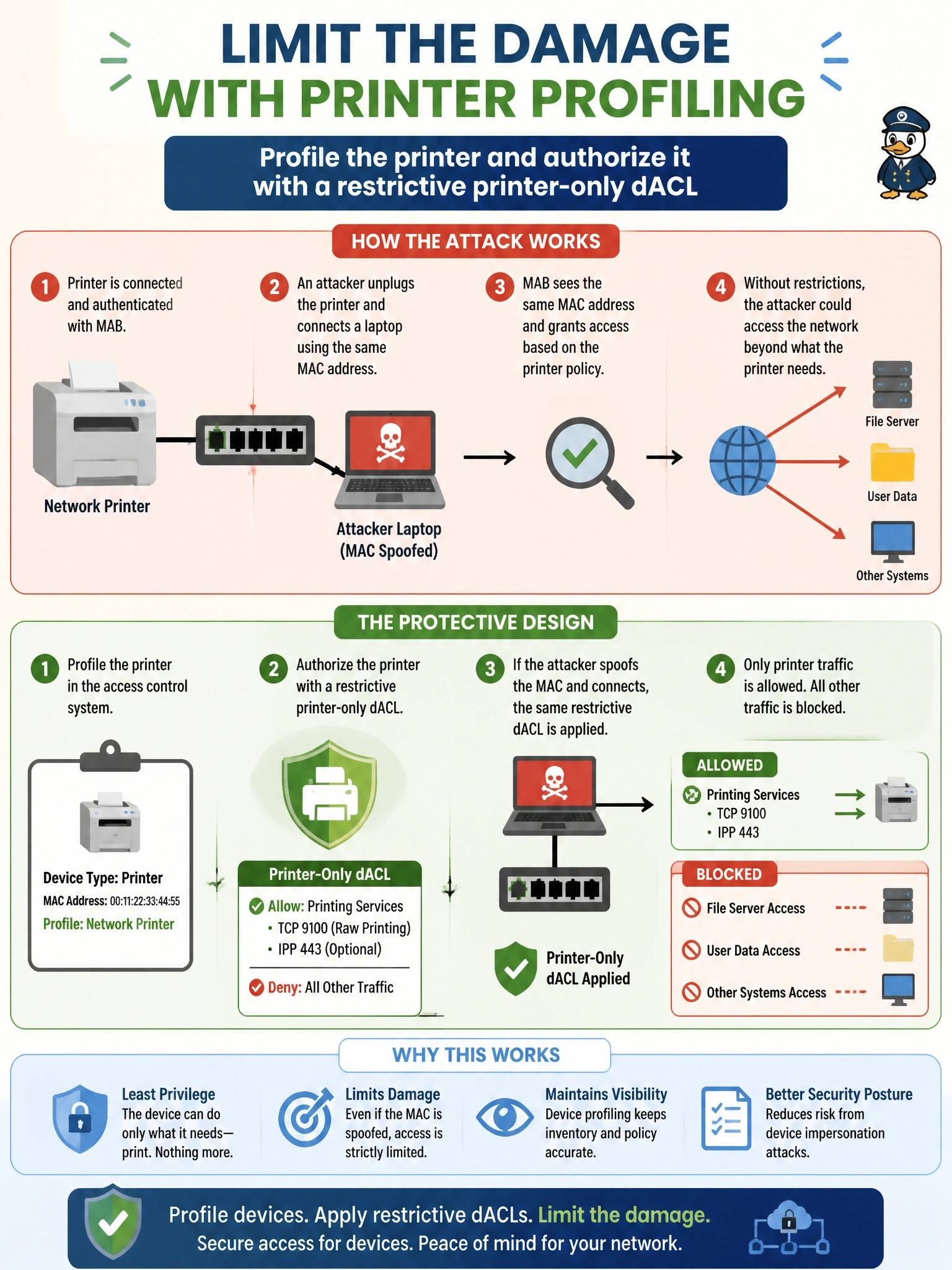 To Create an exciting colorful infographic that explains the concepts in the question: Question: A network printer authenticates with MAB through Cisco ISE. An attacker unplugs it and connects a laptop configured with the printer's MAC address to the same port. Which design limits the damage of this attack? Correct Answer: Profile the printer and authorize it with a restrictive printer-only dACL Put EVERY visible label in double quotes. No people. No A/B/C/D letters. In one of the four corners put a little "Navy Duck".