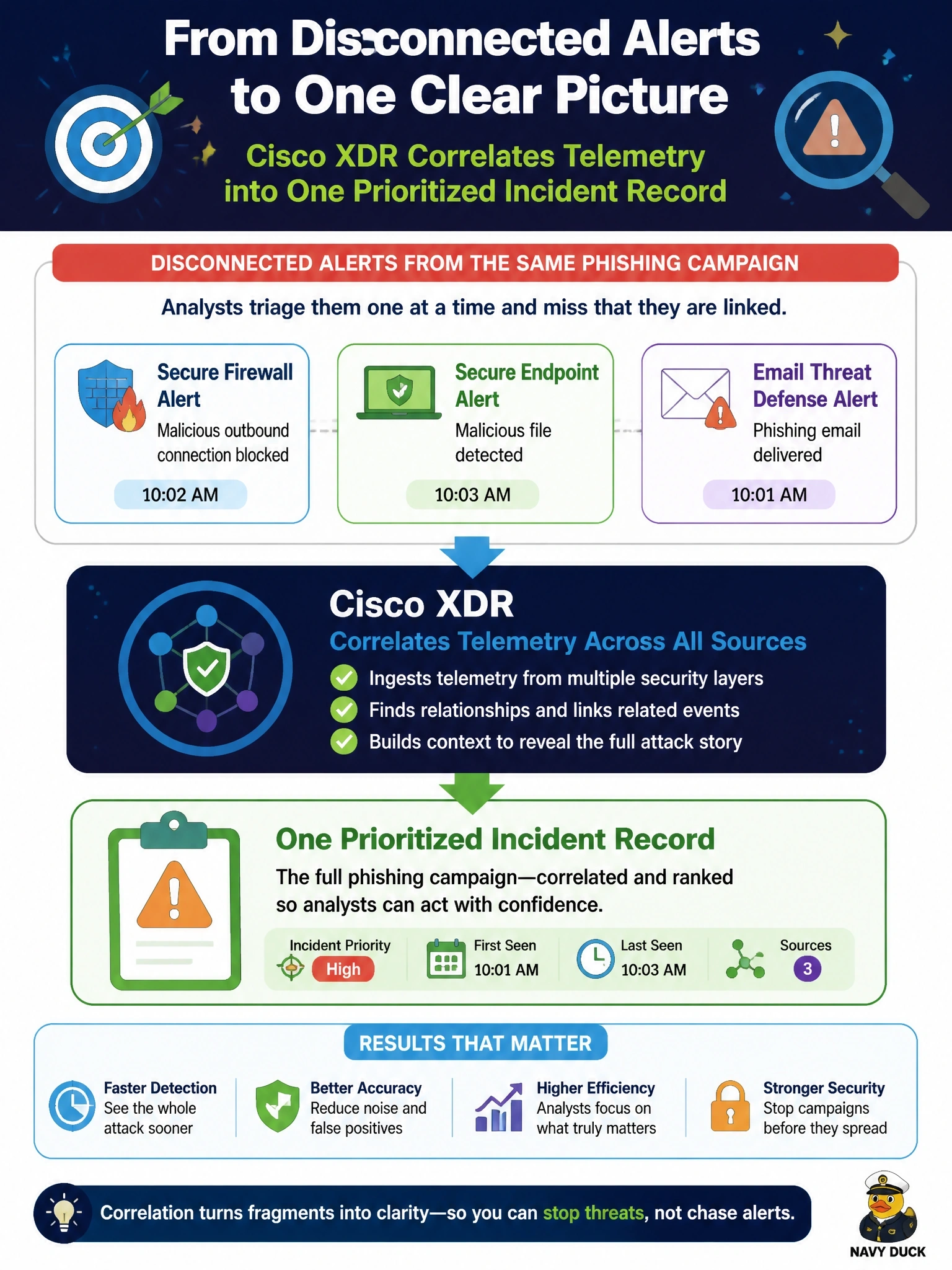 To Create an exciting colorful infographic that explains the concepts in the question: Question: A single phishing campaign produces separate alerts in Cisco Secure Firewall, Cisco Secure Endpoint and Cisco Security Email Threat Defense. Analysts triage them one at a time and miss that they are linked. What capability addresses this? Correct Answer: Cisco XDR correlating the telemetry into one prioritized incident record Put EVERY visible label in double quotes. No people. No A/B/C/D letters. In one of the four corners put a little "Navy Duck".