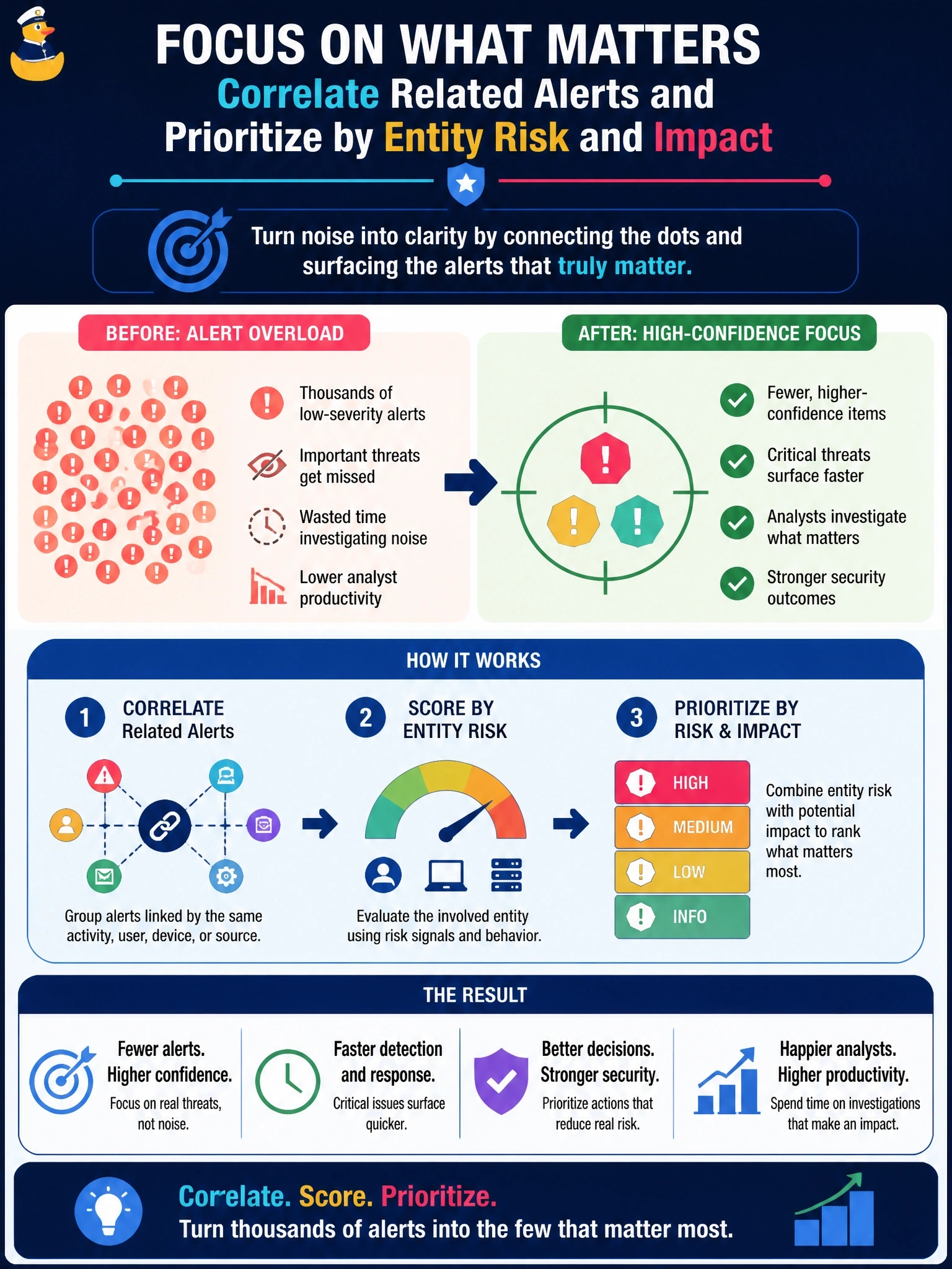 To Create an exciting colorful infographic that explains the concepts in the question: Question: Analysts in a SOC receive thousands of low-severity alerts per day and routinely miss the few that matter. Leadership wants fewer, higher-confidence items to investigate without turning off detections. Which approach addresses this? Correct Answer: Correlate related alerts and prioritize them by entity risk and impact Put EVERY visible label in double quotes. No people. No A/B/C/D letters. In one of the four corners put a little "Navy Duck".