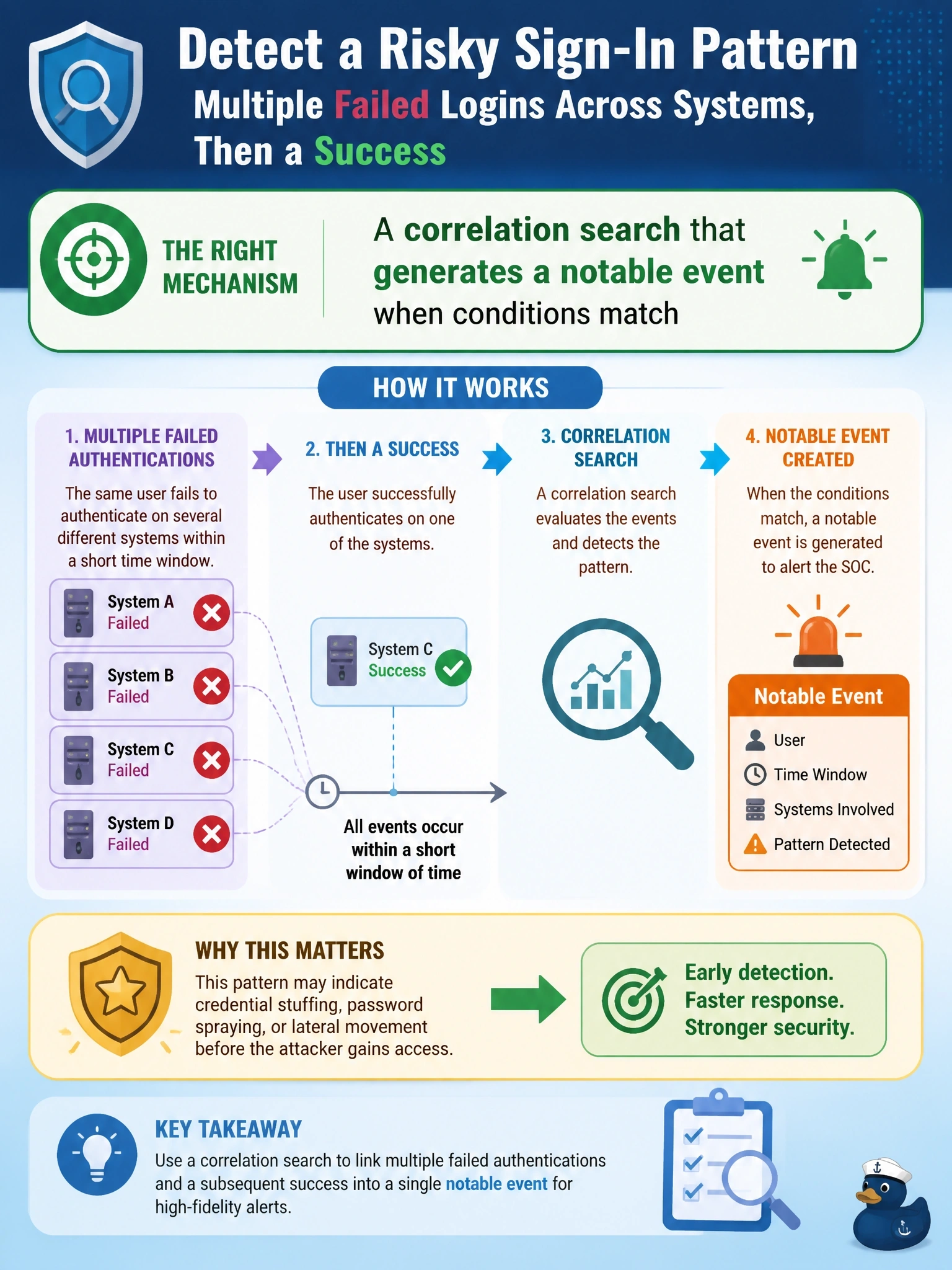 To Create an exciting colorful infographic that explains the concepts in the question: Question: A SOC using Splunk Enterprise Security wants an alert when the same user fails authentication on several different systems within a short window and then succeeds on one of them. Which Splunk ES mechanism should produce this alert? Correct Answer: A correlation search that generates a notable event when conditions match Put EVERY visible label in double quotes. No people. No A/B/C/D letters. In one of the four corners put a little "Navy Duck".