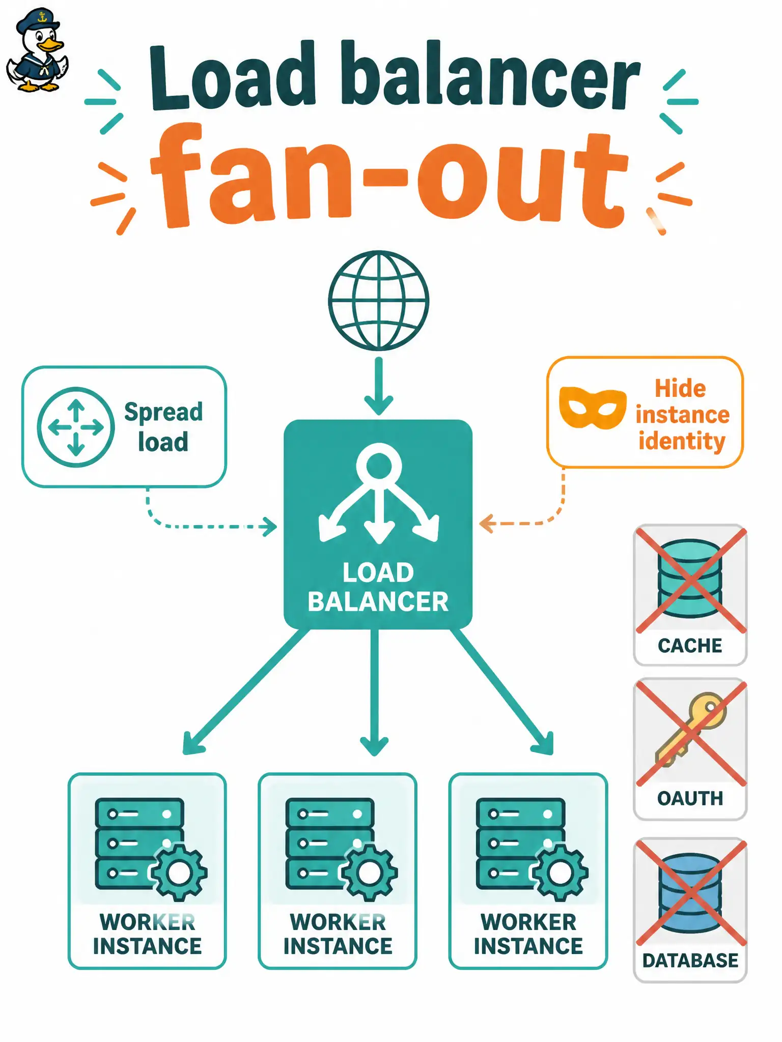 To Create an exciting colorful infographic that explains the concepts in the question: Question: A municipal operations portal fans request traffic across several identical back-end workers that talk to Cisco controllers. What is the primary job of the load balancer in that design? Correct Answer: Spread inbound work across interchangeable back-end instances and hide which process handled each request Put EVERY visible label in double quotes. No people. No A/B/C/D letters. In one of the four corners put a little "Navy Duck".
