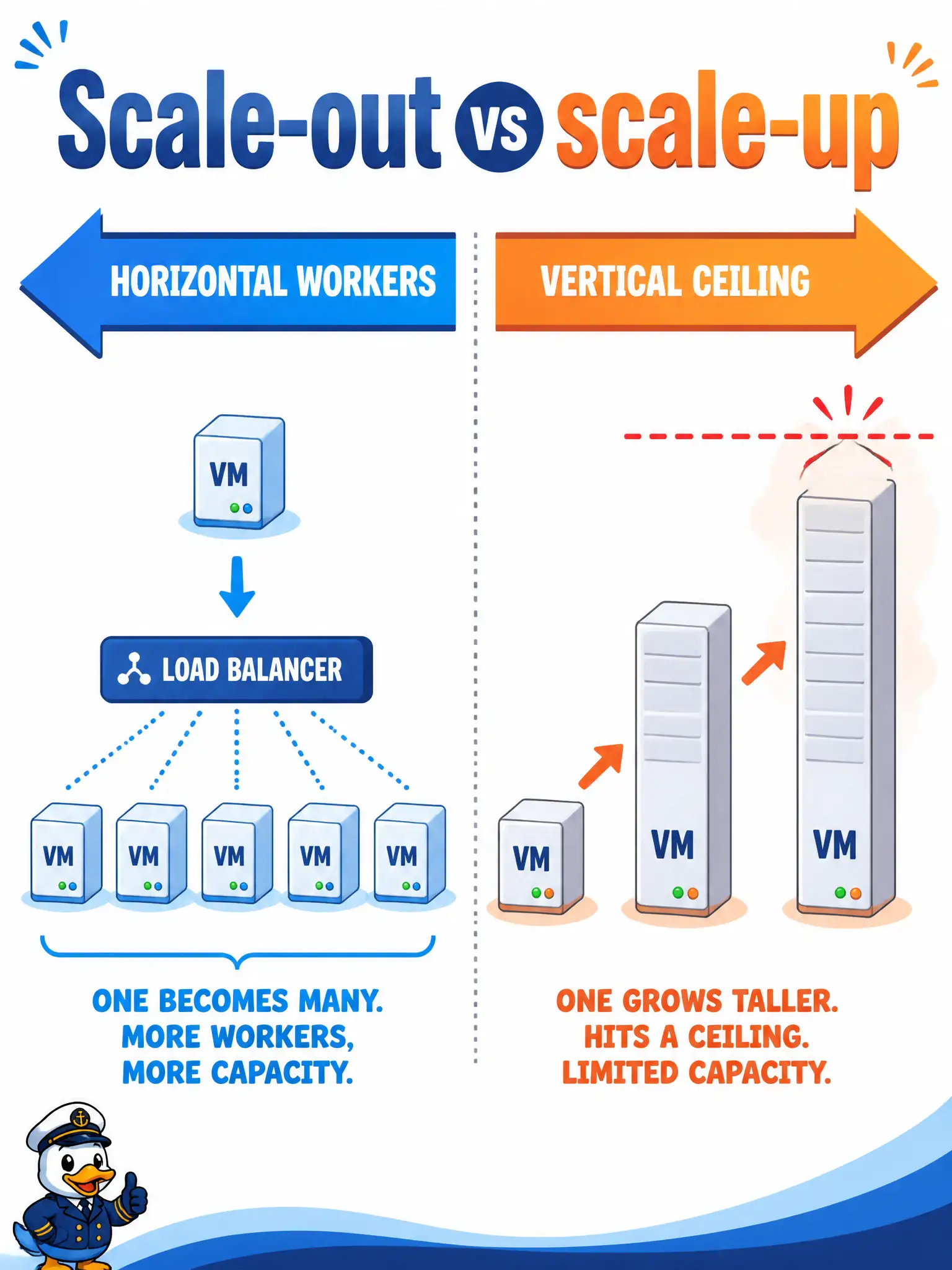 To Create an exciting colorful infographic that explains the concepts in the question: Question: A single VM that polls Meraki sites and transforms JSON for a water-utility dashboard is CPU-saturated. The workers are designed to be identical and stateless behind a load balancer. Which scaling direction matches that constraint? Correct Answer: Scale out by adding more identical, load-balanced workers instead of only enlarging one VM Put EVERY visible label in double quotes. No people. No A/B/C/D letters. In one of the four corners put a little "Navy Duck".