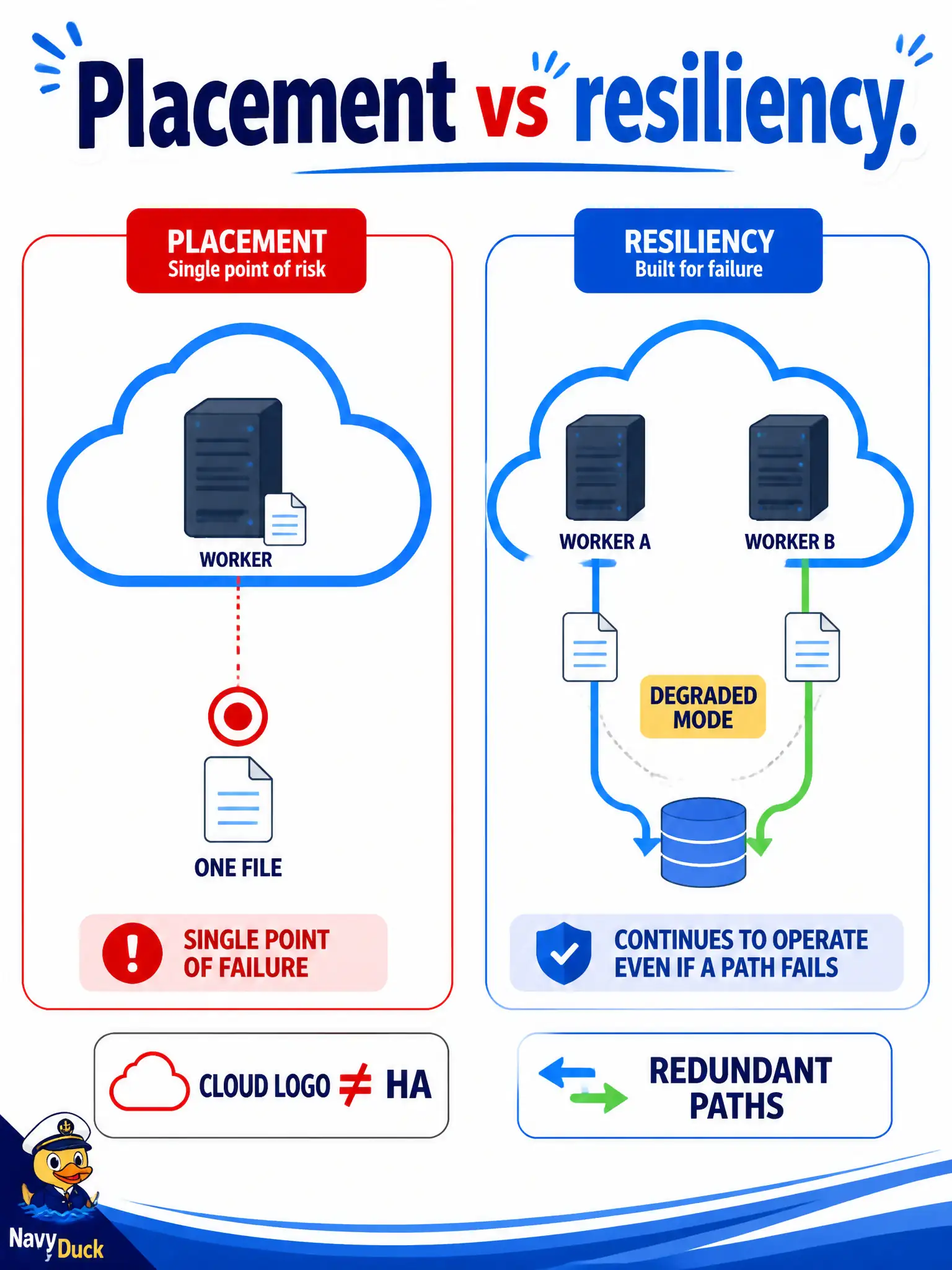 To Create an exciting colorful infographic that explains the concepts in the question: Question: A utilities dashboard runs its Cisco-API worker “in the cloud” with one token file, one region, and no degraded path when that hop fails. What does that design still lack? Correct Answer: Actual resiliency properties such as redundant paths and graceful degradation, not merely cloud placement Put EVERY visible label in double quotes. No people. No A/B/C/D letters. In one of the four corners put a little "Navy Duck".