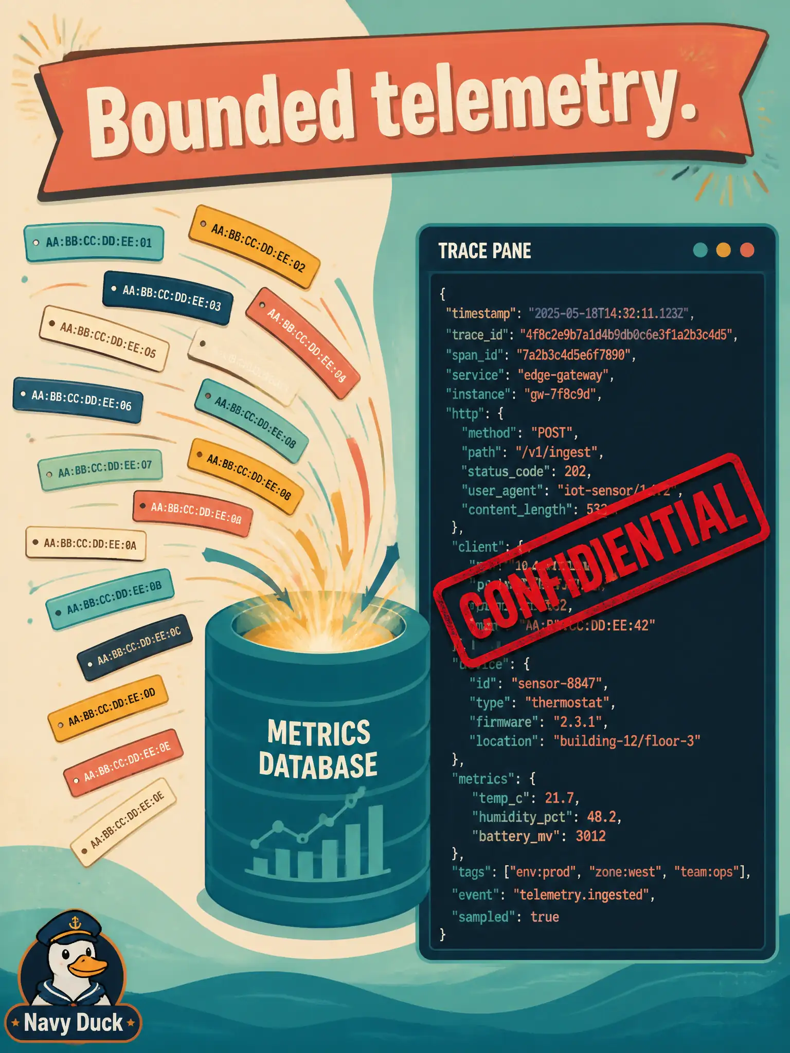 To Create an exciting colorful infographic that explains the concepts in the question: Question: A city telemetry service adds a Prometheus label for every client MAC and also stores raw Meraki response bodies inside distributed traces. After a week the metrics store is huge and traces contain PII. What observability design mistake does this illustrate? Correct Answer: Unbounded cardinality and payload-heavy instrumentation instead of bounded, useful telemetry. Put EVERY visible label in double quotes. No people. No A/B/C/D letters. In one of the four corners put a little "Navy Duck".