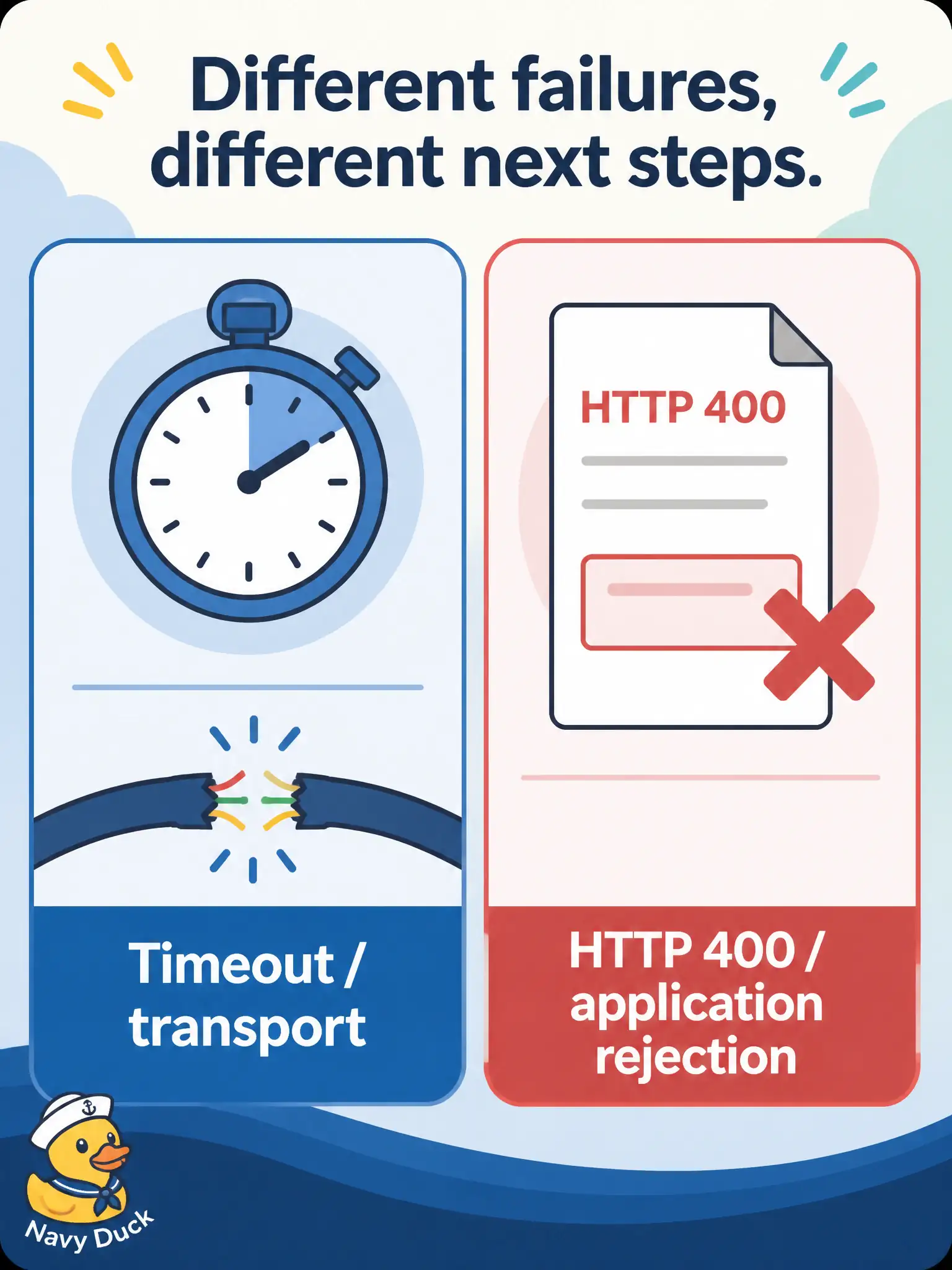 To Create an exciting colorful infographic that explains the concepts in the question: Question: An automation job calls a retrieve-data API for switch inventory. One failure shows a connect-timeout with errno in the client log; another shows HTTP 400 with a body complaining about a bad template field. How should these be classified for next action? Correct Answer: Treat the timeout as a transport/reachability failure and the 400 as an application-level rejection of the payload. Put EVERY visible label in double quotes. No people. No A/B/C/D letters. In one of the four corners put a little "Navy Duck".