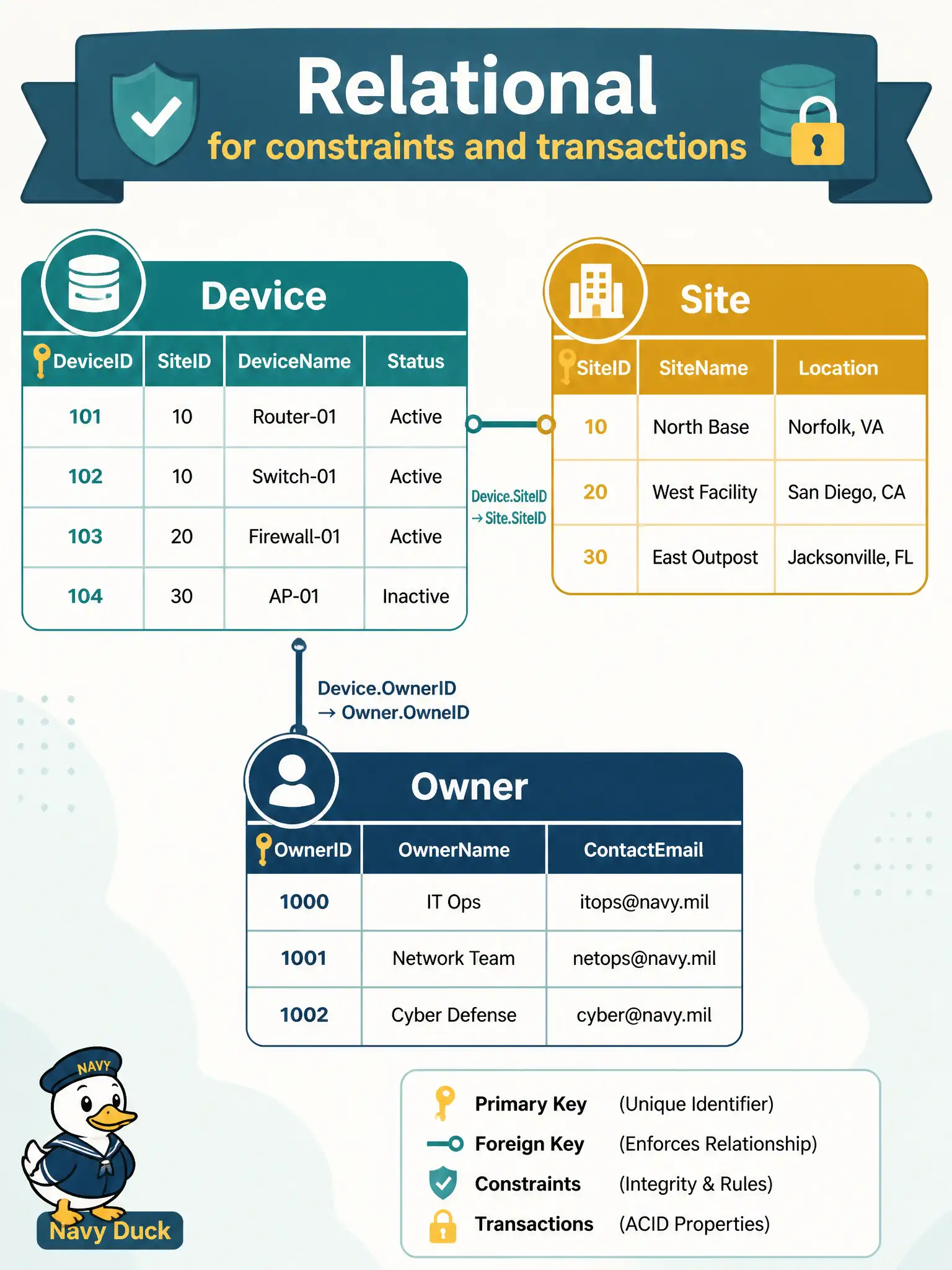 To Create an exciting colorful infographic that explains the concepts in the question: Question: A municipal asset registry must keep device rows consistent with site and owner tables, enforce foreign keys, and support ad-hoc joins under transactions. Which database type best fits that stated need? Correct Answer: A relational store that supports joins, constraints, and transactions. Put EVERY visible label in double quotes. No people. No A/B/C/D letters. In one of the four corners put a little "Navy Duck".