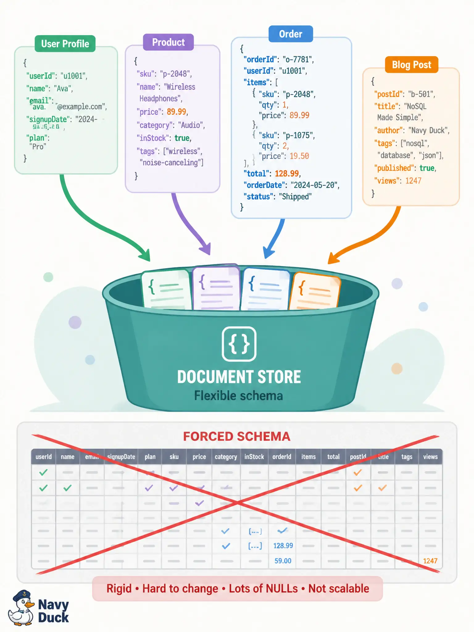 To Create an exciting colorful infographic that explains the concepts in the question: Question: An integration caches full UCS and Intersight compute inventory documents that differ by product family and are almost always read as whole objects after each API revision. Which store type is the best fit? Correct Answer: A document store that tolerates schema-flexible, API-shaped JSON records. Put EVERY visible label in double quotes. No people. No A/B/C/D letters. In one of the four corners put a little "Navy Duck".