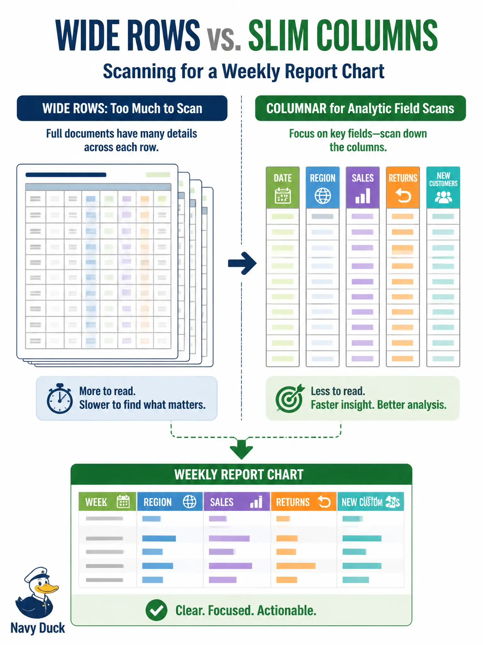 To Create an exciting colorful infographic that explains the concepts in the question: Question: A weekly capacity report must aggregate a few fields across millions of historical interface samples. Point lookups of whole device documents are rare. Which database layout best fits the report? Correct Answer: A columnar store that scans only the needed fields across many rows. Put EVERY visible label in double quotes. No people. No A/B/C/D letters. In one of the four corners put a little "Navy Duck".