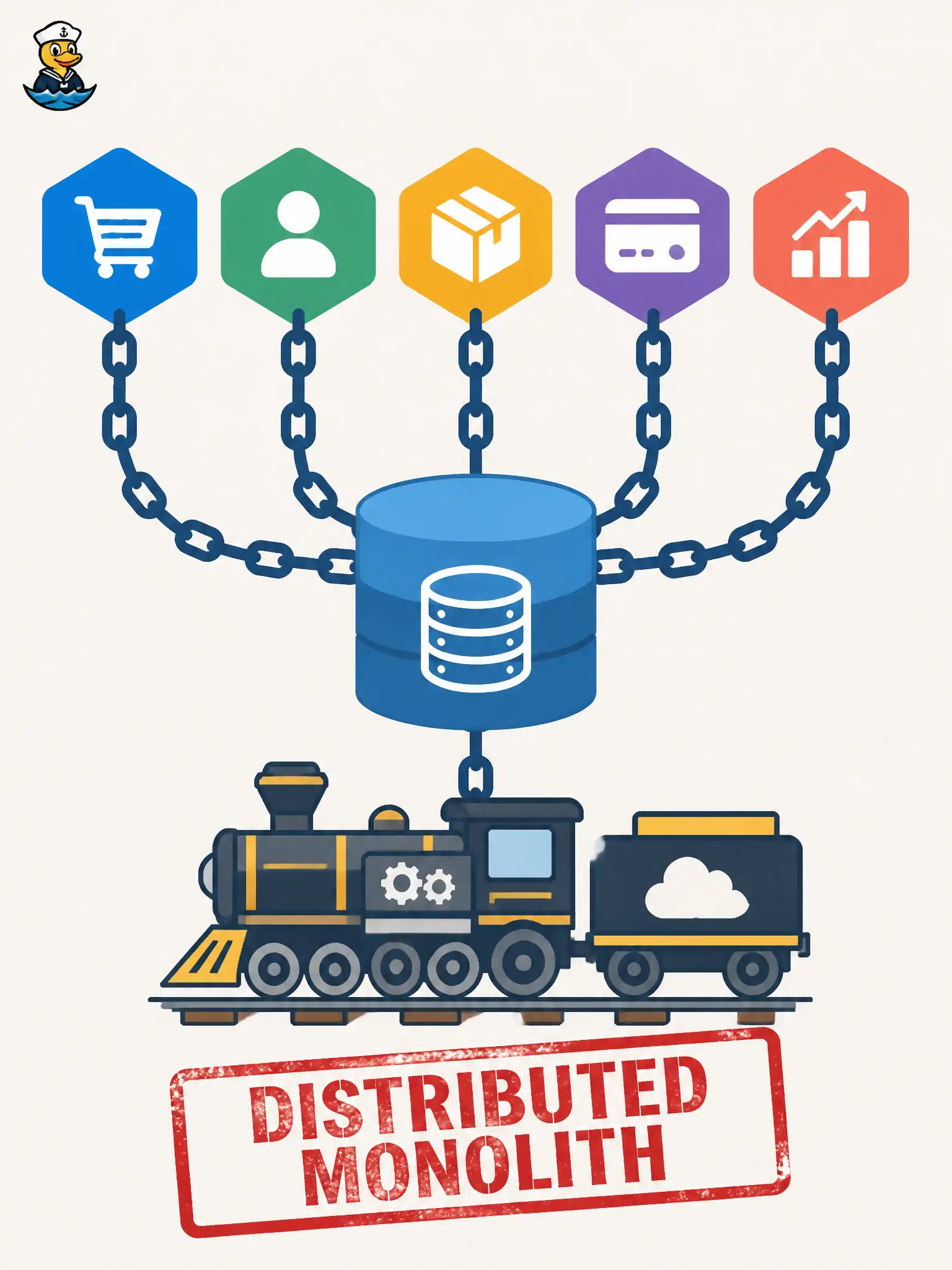 To Create an exciting colorful infographic that explains the concepts in the question: Question: Five containers are labeled microservices, yet they share one database and must always ship on the same release train because any schema change breaks all five. What have the architects actually built? Correct Answer: A distributed monolith: microservices in name only without independent deployability. Put EVERY visible label in double quotes. No people. No A/B/C/D letters. In one of the four corners put a little "Navy Duck".