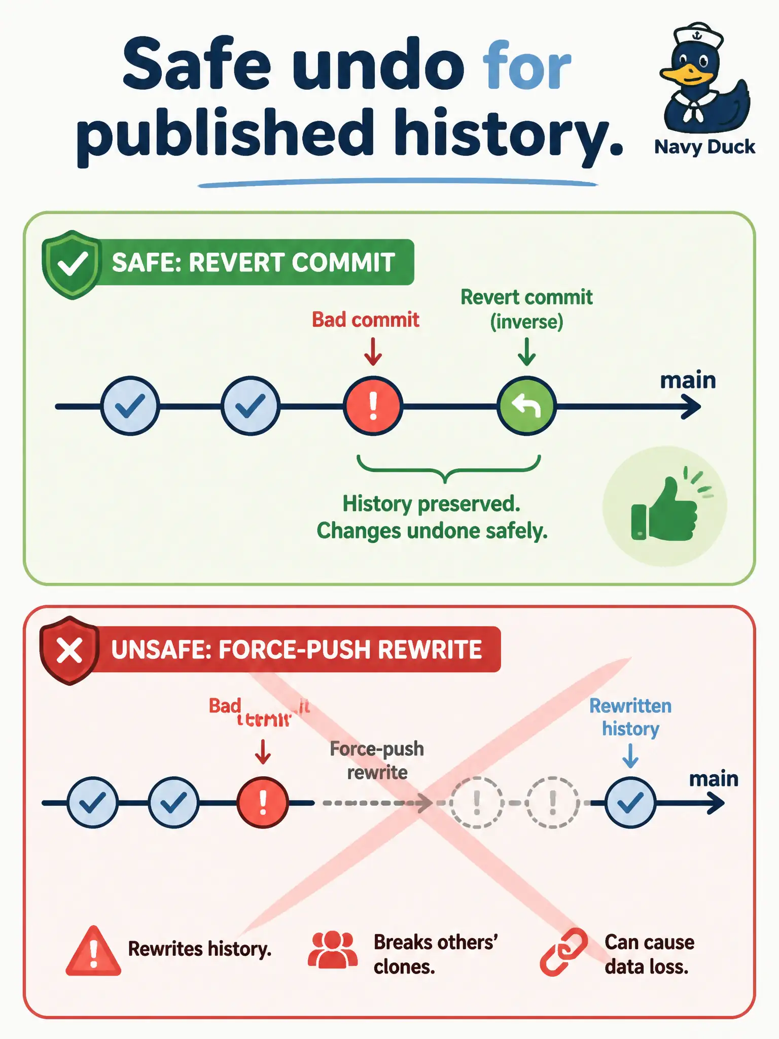 To Create an exciting colorful infographic that explains the concepts in the question: Question: A bad commit that broke Ansible inventory parsing is already on the shared main branch and teammates have fetched it. How should the team undo that change safely? Correct Answer: git revert to add a new commit that applies the inverse while leaving history intact. Put EVERY visible label in double quotes. No people. No A/B/C/D letters. In one of the four corners put a little "Navy Duck".