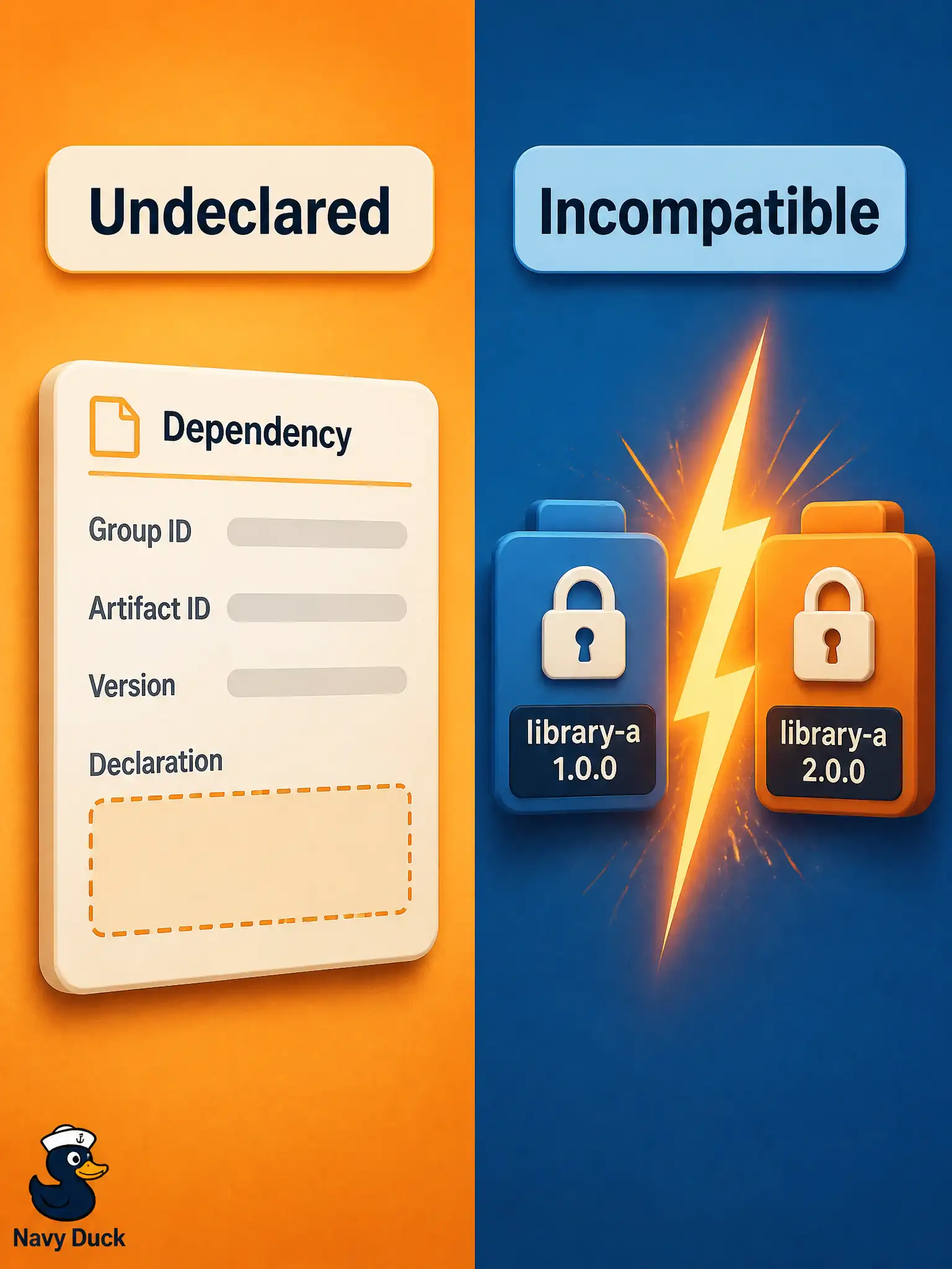 To Create an exciting colorful infographic that explains the concepts in the question: Question: Two defects hit the parks-department automation packages. Package A fails on a clean runner because a required library was never listed. Package B lists two libraries that cannot be installed together. How should those packaging defects be classified? Correct Answer: A is an undeclared dependency; B is an incompatible dependency conflict. Put EVERY visible label in double quotes. No people. No A/B/C/D letters. In one of the four corners put a little "Navy Duck".