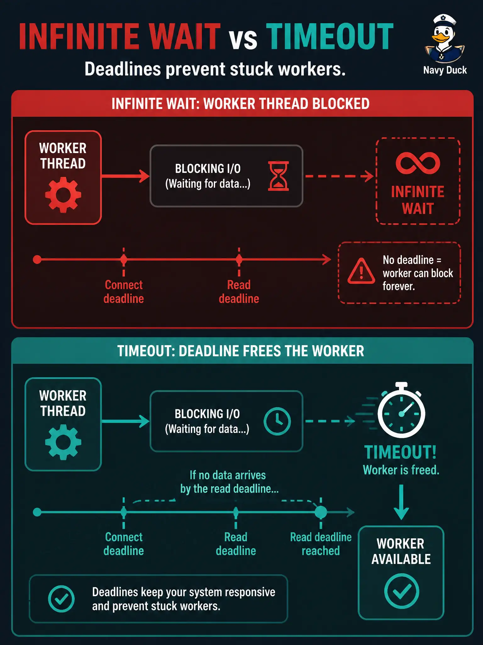 To Create an exciting colorful infographic that explains the concepts in the question: Question: A city worker process calls a silent Firepower FDM controller and waits forever, pinning the worker while other municipal jobs starve. What should the REST consumer set to avoid that hang? Correct Answer: A finite connect and read timeout so silence becomes a handled failure. Put EVERY visible label in double quotes. No people. No A/B/C/D letters. In one of the four corners put a little "Navy Duck".