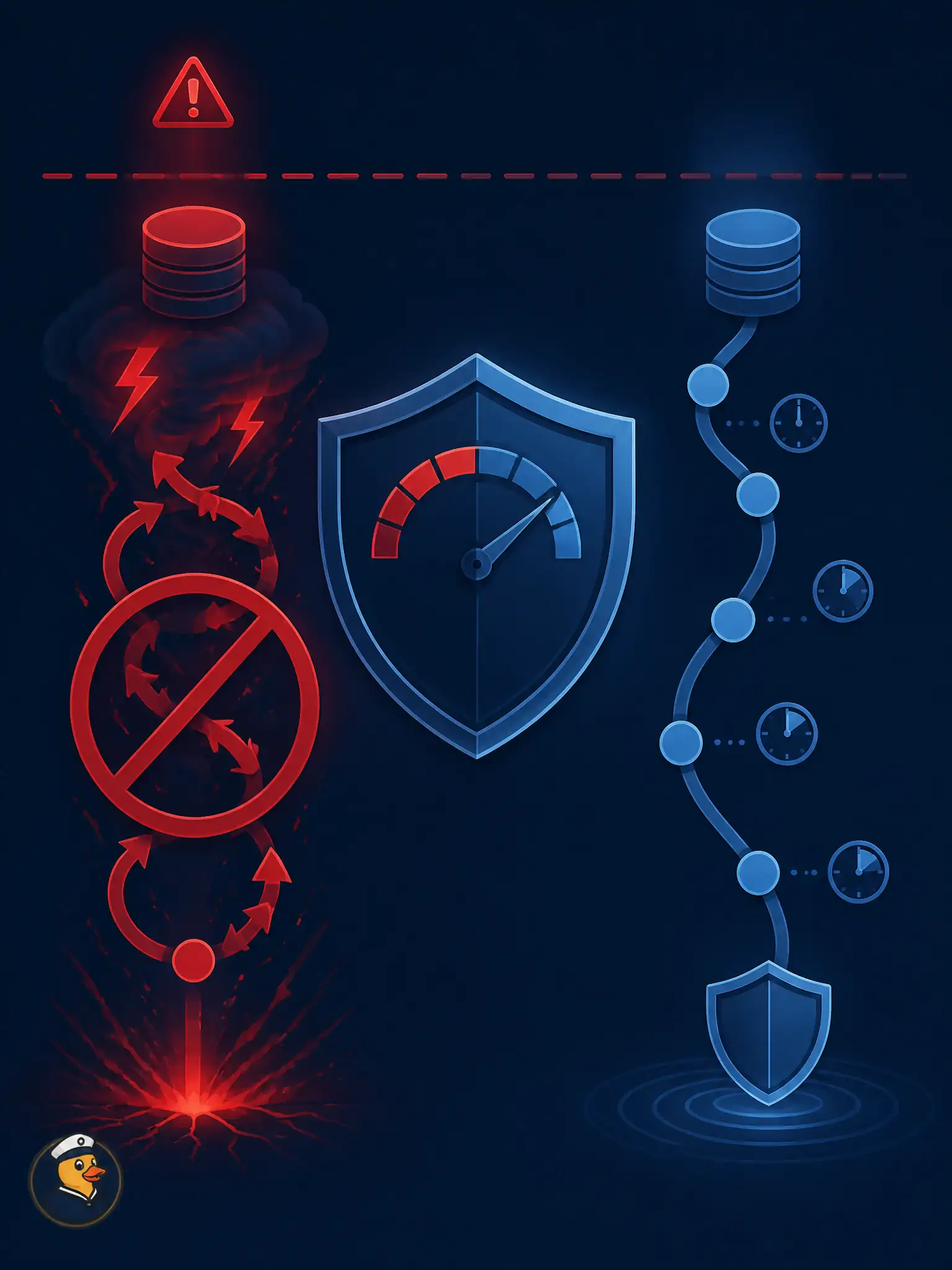 To Create an exciting colorful infographic that explains the concepts in the question: Question: A transit-agency integration catches HTTP 429 from the Meraki Dashboard API and immediately reissues the identical request in a tight loop. Why is that control flow wrong? Correct Answer: Because immediate retries amplify load and deepen the rate-limit outage. Put EVERY visible label in double quotes. No people. No A/B/C/D letters. In one of the four corners put a little "Navy Duck".