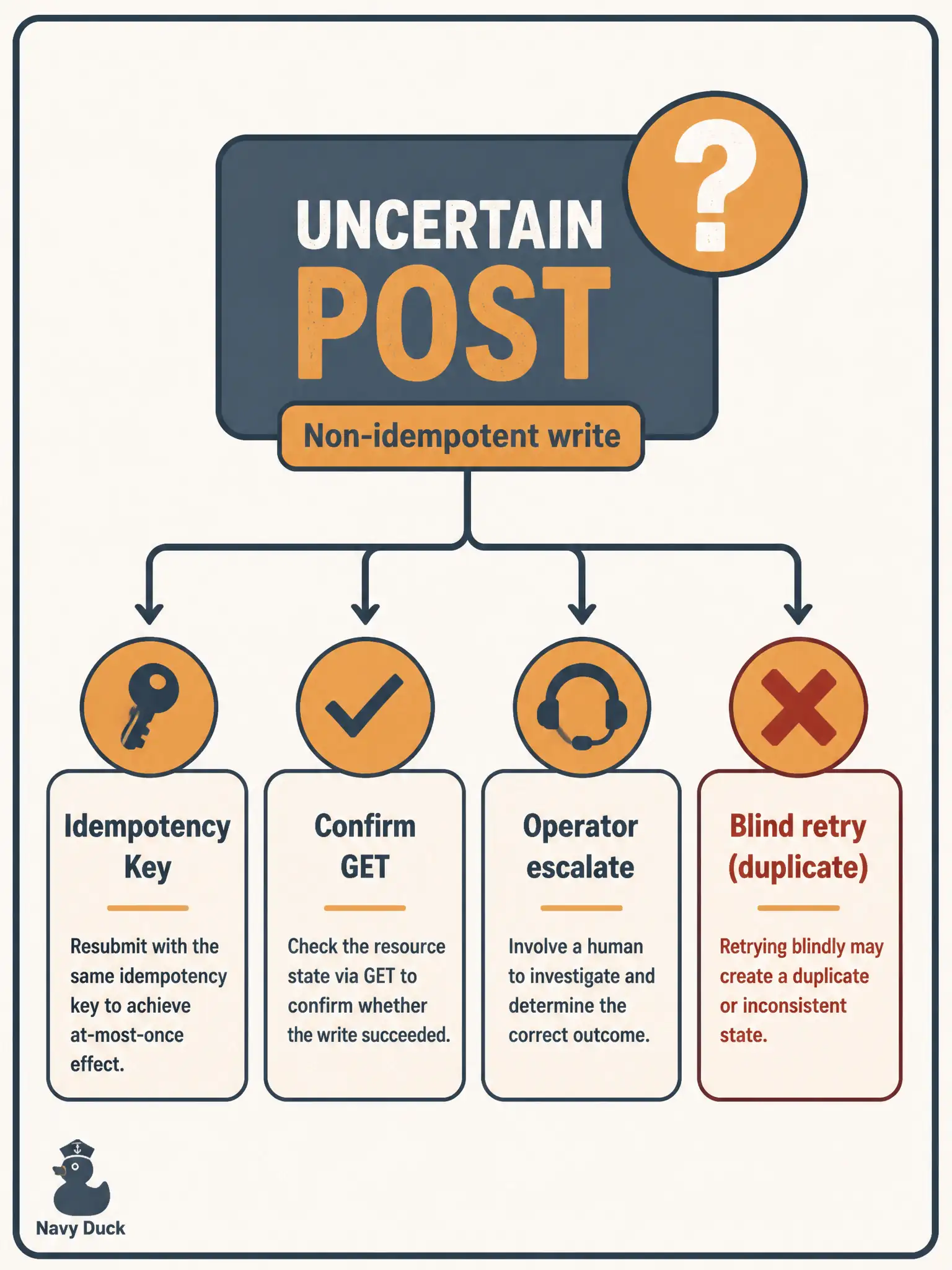 To Create an exciting colorful infographic that explains the concepts in the question: Question: A city FDM object-create POST times out; the client cannot tell whether the firewall object was created. Which approach is the robust default for that non-idempotent write? Correct Answer: Treat the outcome as uncertain; use an idempotency key, a follow-up GET if available, or fail the unit for an operator. Put EVERY visible label in double quotes. No people. No A/B/C/D letters. In one of the four corners put a little "Navy Duck".