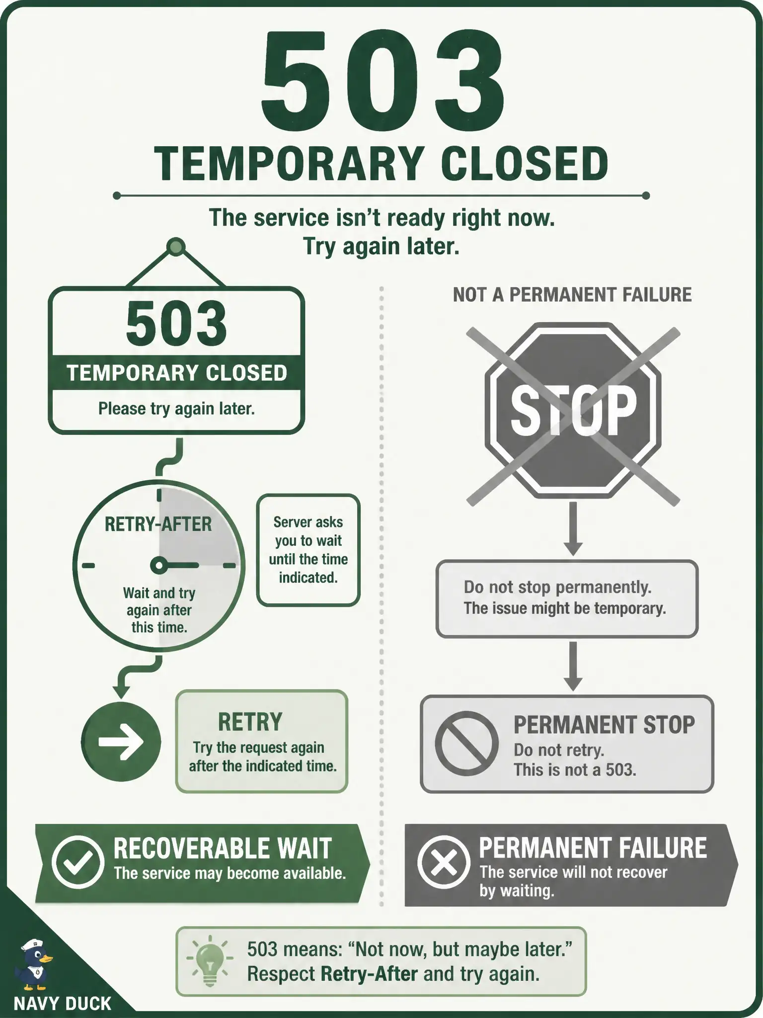 To Create an exciting colorful infographic that explains the concepts in the question: Question: The municipal Intersight consumer receives HTTP 503 with a Retry-After header during a maintenance blip. Which 2.1 branch should the client take inside its retry budget? Correct Answer: Wait for Retry-After and retry as a recoverable temporary unavailability. Put EVERY visible label in double quotes. No people. No A/B/C/D letters. In one of the four corners put a little "Navy Duck".