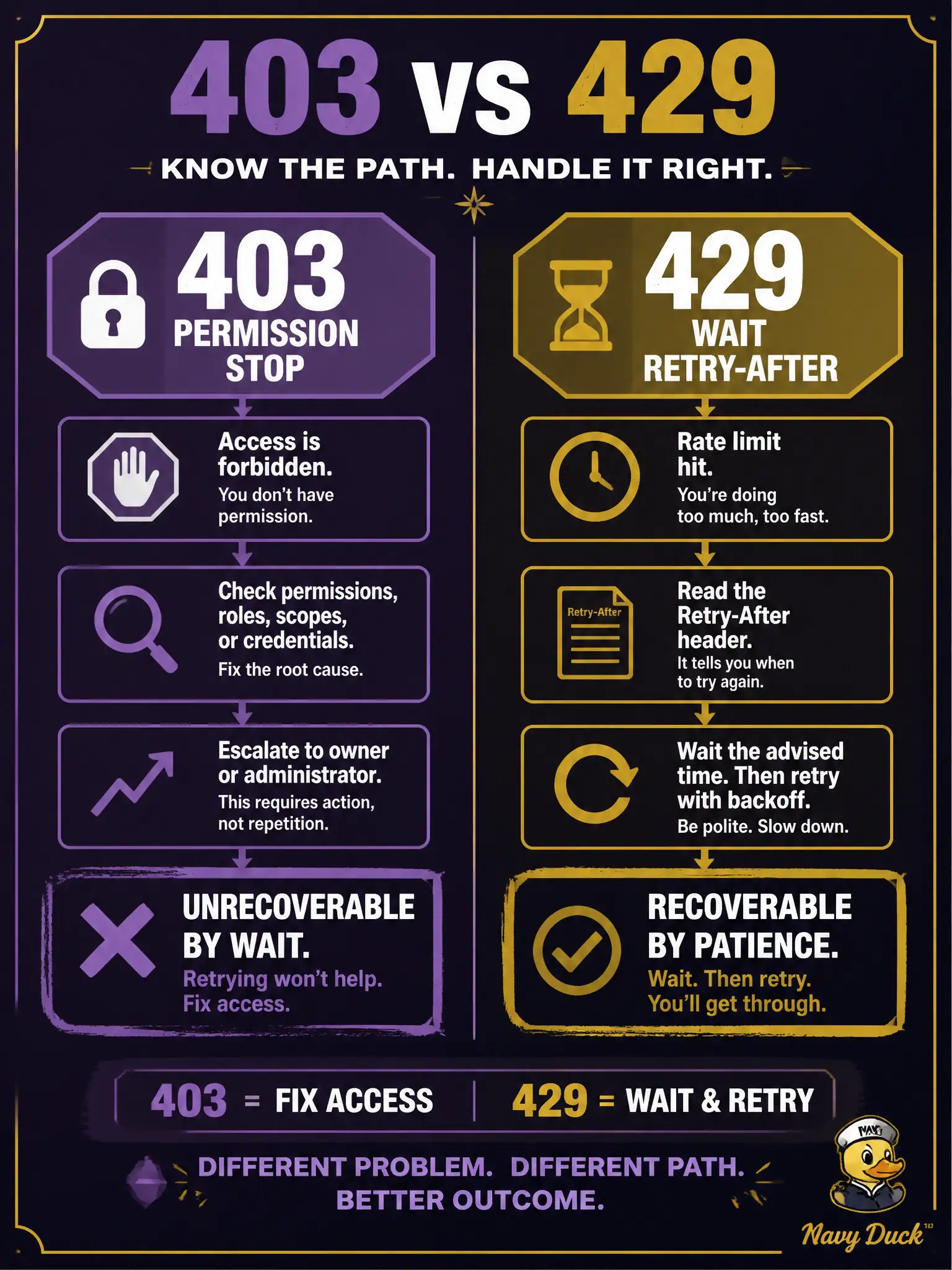 To Create an exciting colorful infographic that explains the concepts in the question: Question: A Meraki SSID enable call returns HTTP 403 for the city's service account. How should the consumer treat that response compared with a 429? Correct Answer: Fail the hop and escalate scope, role, or resource—do not apply rate-limit backoff. Put EVERY visible label in double quotes. No people. No A/B/C/D letters. In one of the four corners put a little "Navy Duck".