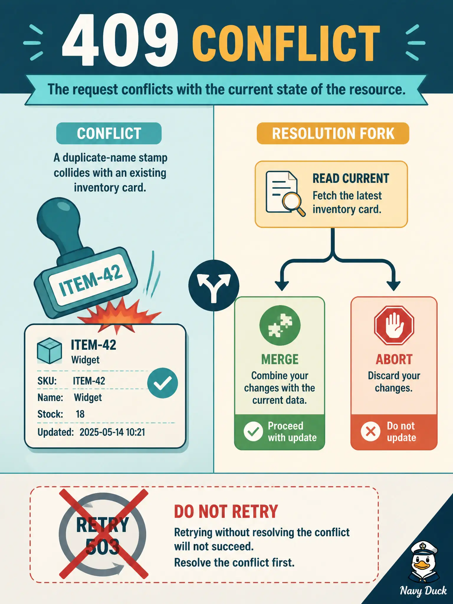 To Create an exciting colorful infographic that explains the concepts in the question: Question: A city’s asset-tagging service POSTs a new switch hostname to a Cisco inventory API and receives HTTP 409 Conflict because that name already exists. How should the consumer handle the response? Correct Answer: Branch into a conflict handler that reads the current resource and decides merge or abort, rather than treating the status as a transient outage Put EVERY visible label in double quotes. No people. No A/B/C/D letters. In one of the four corners put a little "Navy Duck".