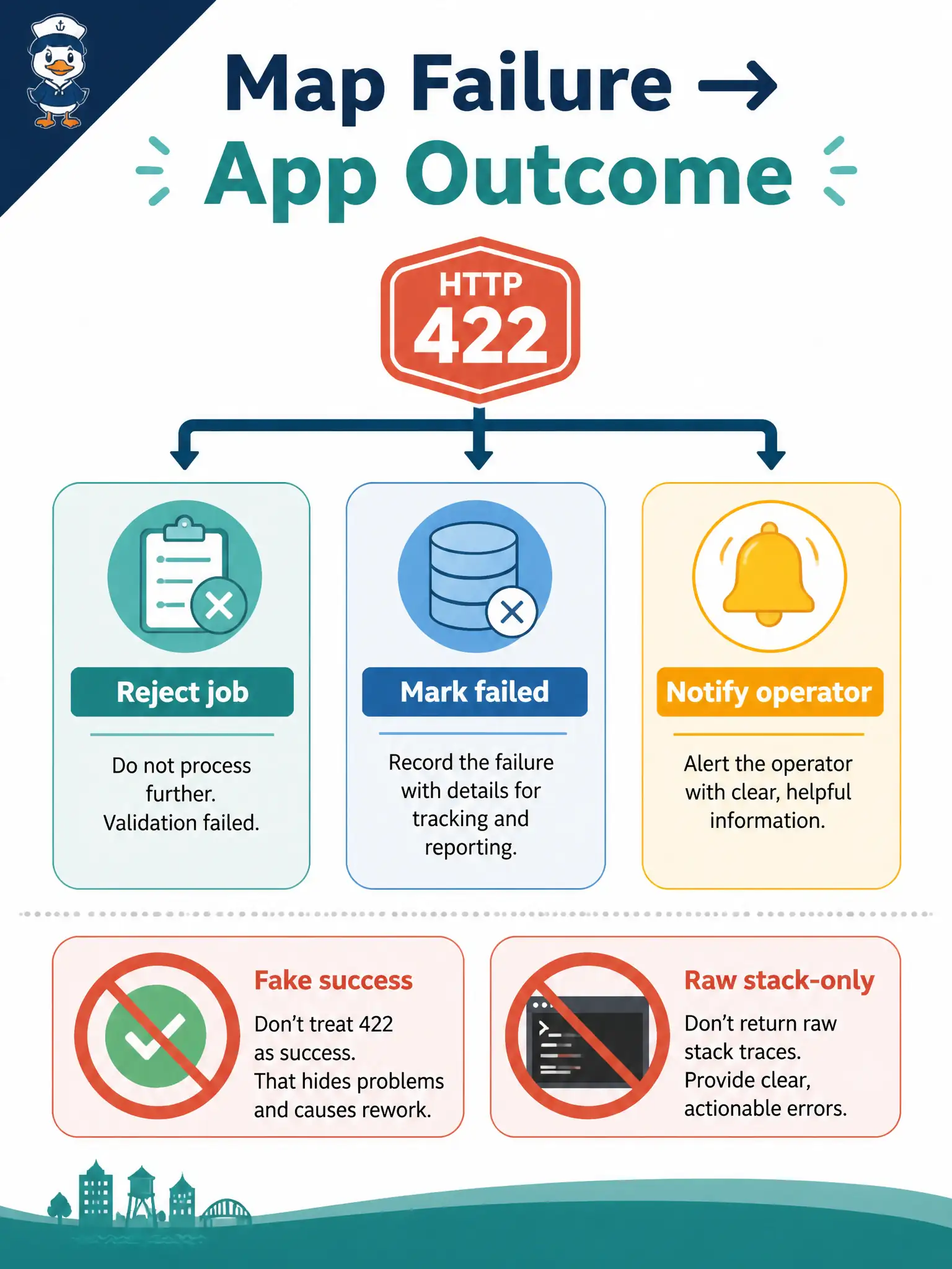 To Create an exciting colorful infographic that explains the concepts in the question: Question: A municipal change-ticket worker receives HTTP 422 Unprocessable Entity from a Cisco configuration API. How should the consumer map that result? Correct Answer: Translate the unrecoverable status into a declared app outcome such as reject the job or mark the item failed for operators Put EVERY visible label in double quotes. No people. No A/B/C/D letters. In one of the four corners put a little "Navy Duck".