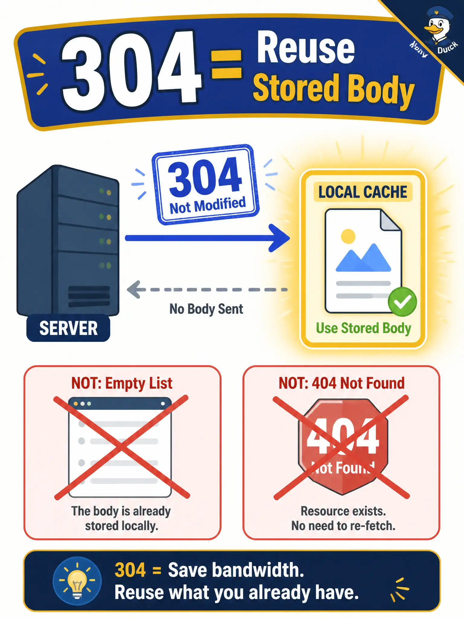 To Create an exciting colorful infographic that explains the concepts in the question: Question: After a conditional GET, a Cisco API returns HTTP 304 Not Modified with an empty body. What should the consumer do? Correct Answer: Reuse the previously stored representation and treat 304 as cache success, not as an empty list Put EVERY visible label in double quotes. No people. No A/B/C/D letters. In one of the four corners put a little "Navy Duck".