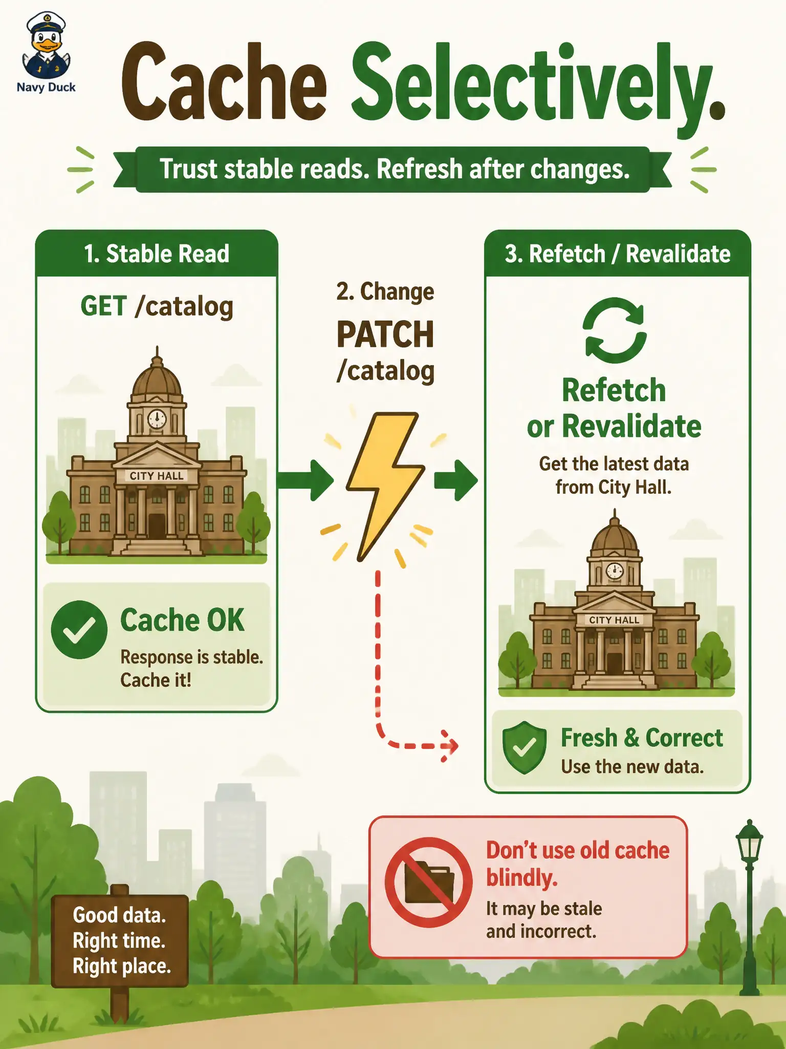 To Create an exciting colorful infographic that explains the concepts in the question: Question: A city script caches a rarely changing Cisco catalog GET, then performs a PATCH on one of those resources. What is the correct cache behavior afterward? Correct Answer: Avoid blind reuse of the pre-write cache for that resource; refetch or revalidate after the mutation Put EVERY visible label in double quotes. No people. No A/B/C/D letters. In one of the four corners put a little "Navy Duck".