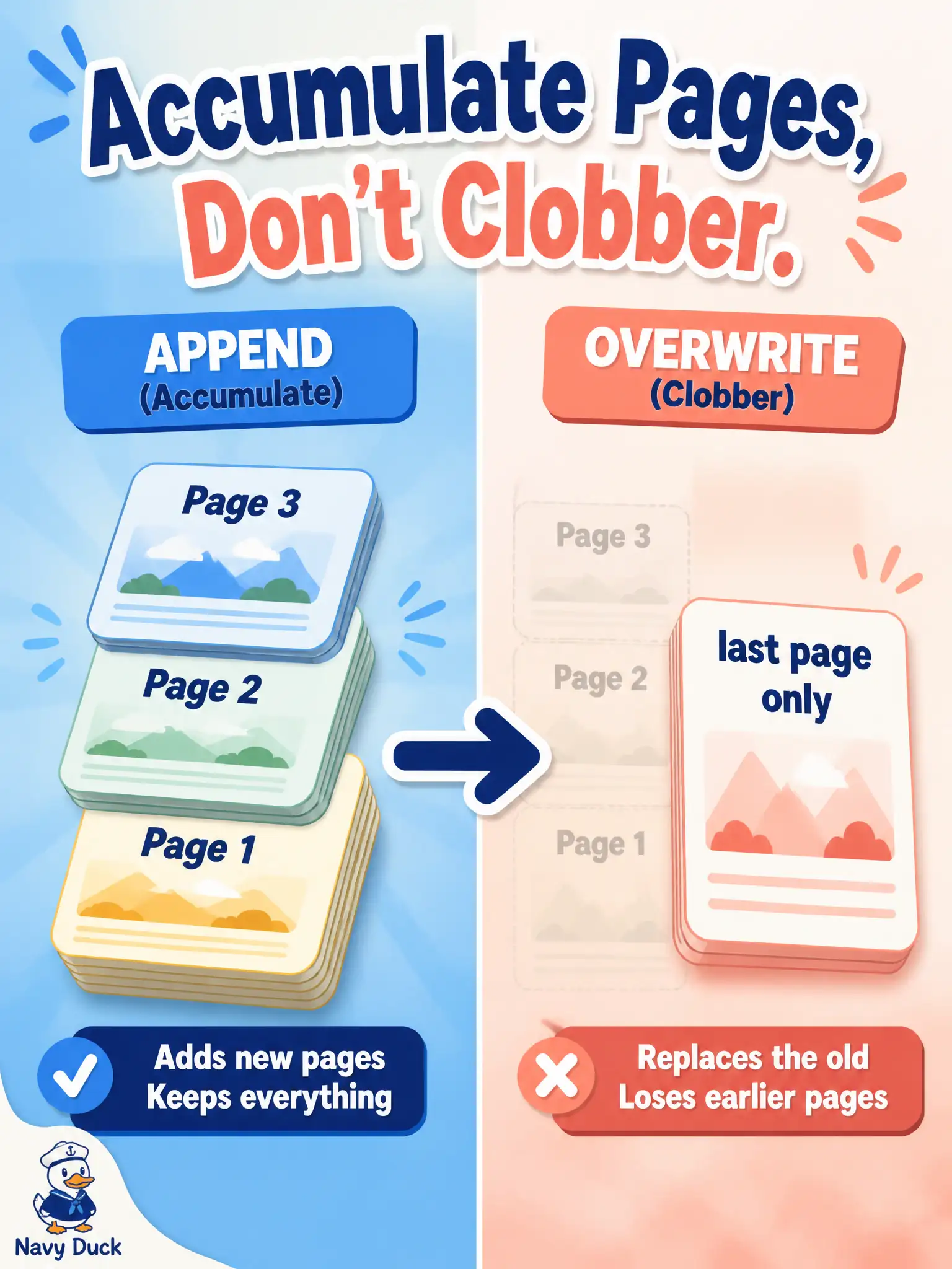 To Create an exciting colorful infographic that explains the concepts in the question: Question: A municipal 311 intake tool walks DNA Center client pages and builds one list for the night’s report. Inside the loop the code does results = page.items on every iteration. What construction mistake does that introduce? Correct Answer: It replaces the growing collection with only the last page’s items, dropping earlier pages Put EVERY visible label in double quotes. No people. No A/B/C/D letters. In one of the four corners put a little "Navy Duck".