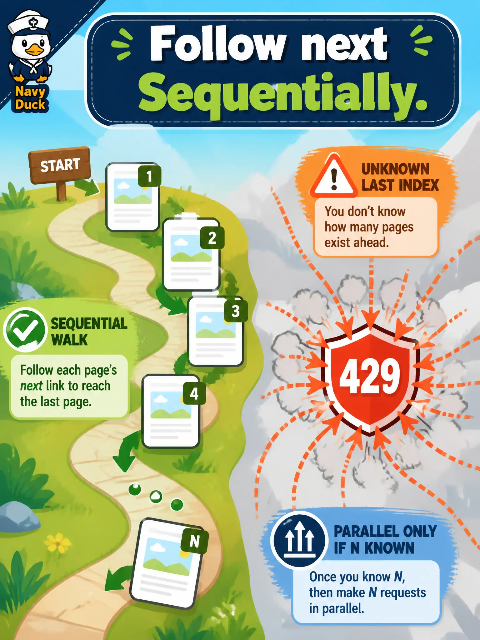 To Create an exciting colorful infographic that explains the concepts in the question: Question: A parks department sync pulls Webex space memberships where the response only exposes a next URL—no last page index. A developer fires pages 1 through 50 in parallel to “go faster.” What is the correct construction approach? Correct Answer: Walk next sequentially until the API stops; parallel page sprays need a known last index Put EVERY visible label in double quotes. No people. No A/B/C/D letters. In one of the four corners put a little "Navy Duck".