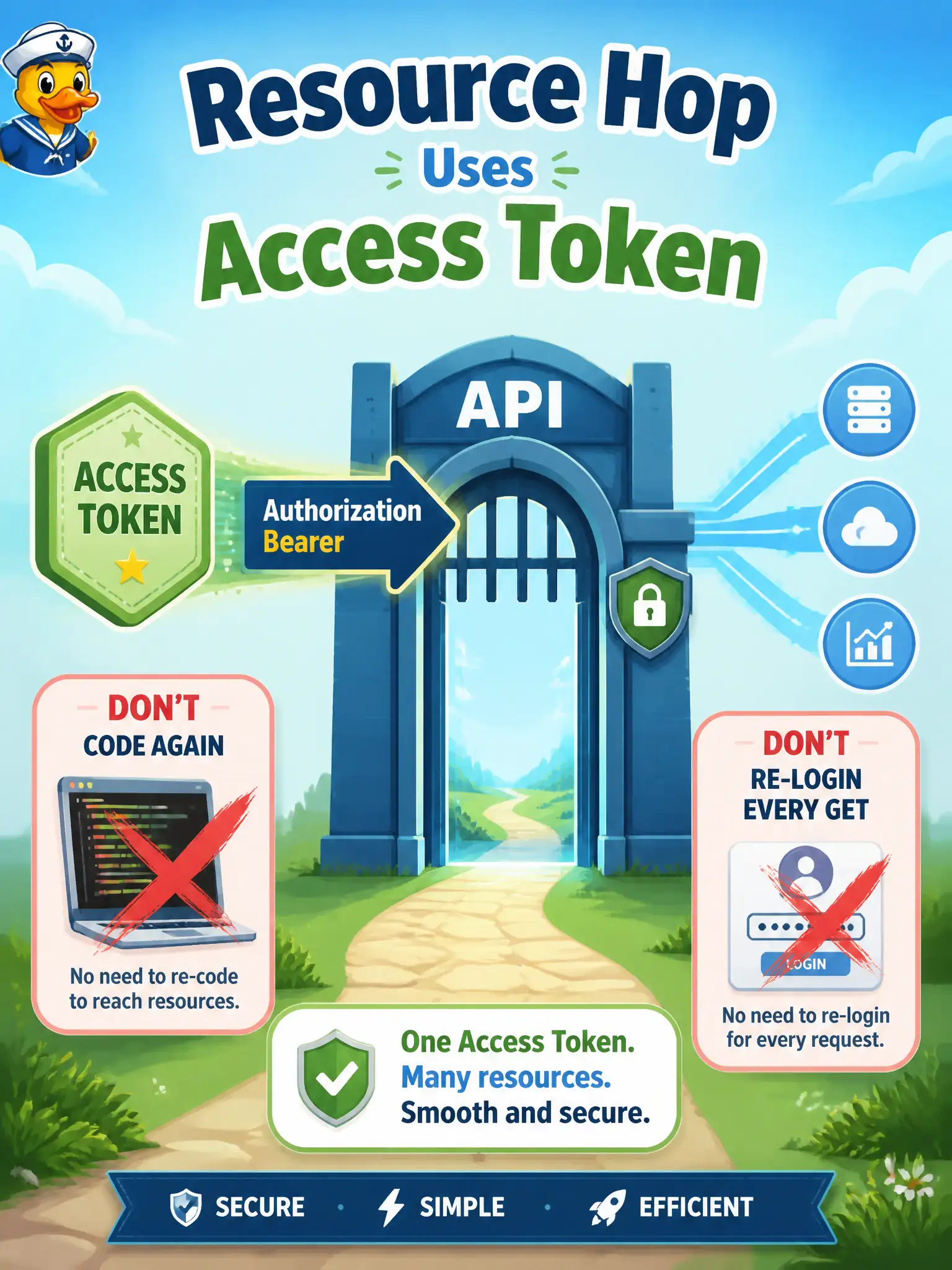 To Create an exciting colorful infographic that explains the concepts in the question: Question: The municipal fleet API has returned an access token to the city’s maintenance app after a successful code grant. How should subsequent protected resource calls be authorized? Correct Answer: Send Authorization: Bearer with the access token; do not restart the browser authorize redirect on every GET Put EVERY visible label in double quotes. No people. No A/B/C/D letters. In one of the four corners put a little "Navy Duck".
