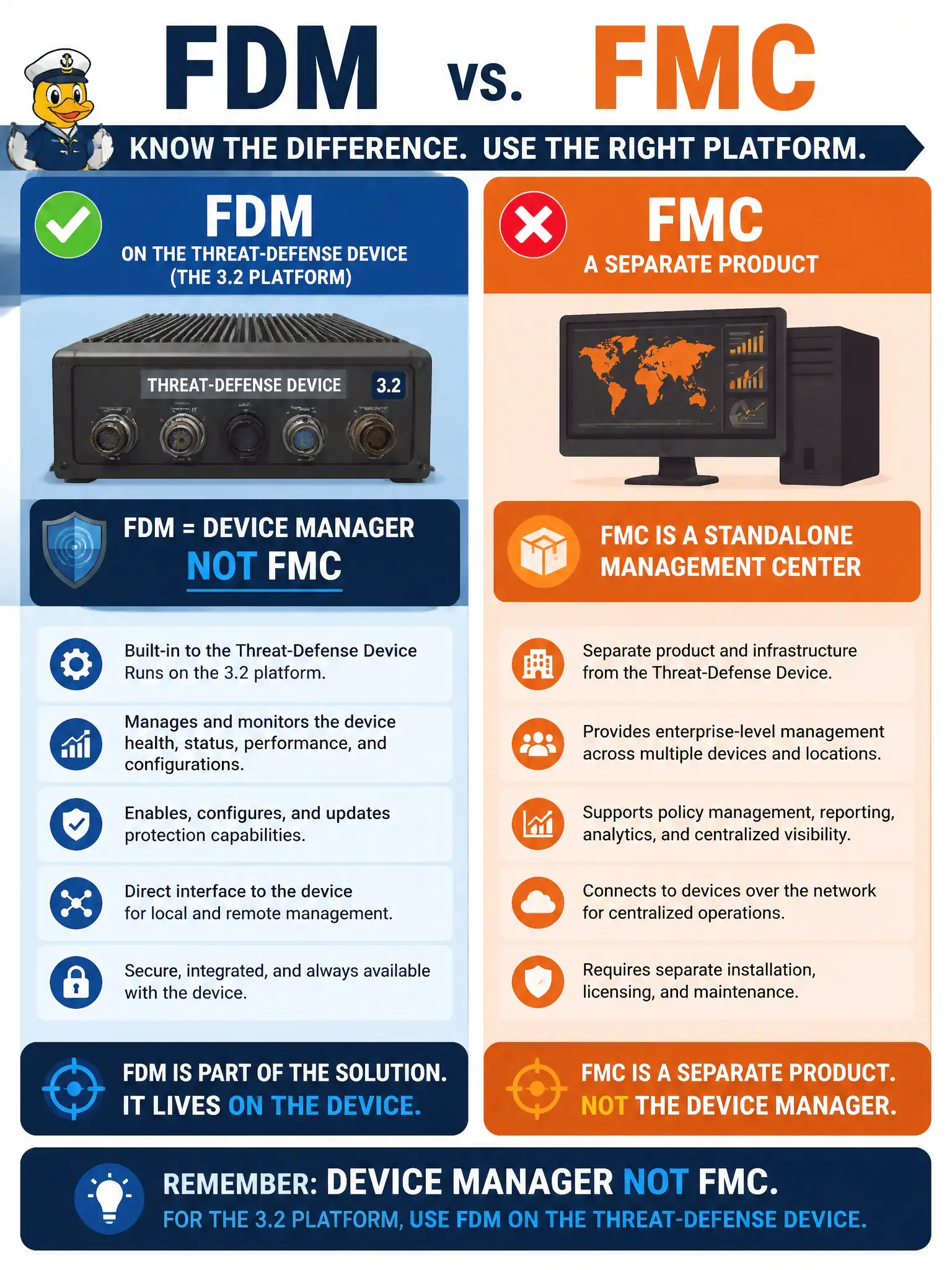 To Create an exciting colorful infographic that explains the concepts in the question: Question: A county security developer must create and delete network objects using the platform named in DEVCOR task 3.2. Which product and API family is correct? Correct Answer: Firepower Device Manager on the threat-defense host via /api/fdm/… paths. Put EVERY visible label in double quotes. No people. No A/B/C/D letters. In one of the four corners put a little "Navy Duck".