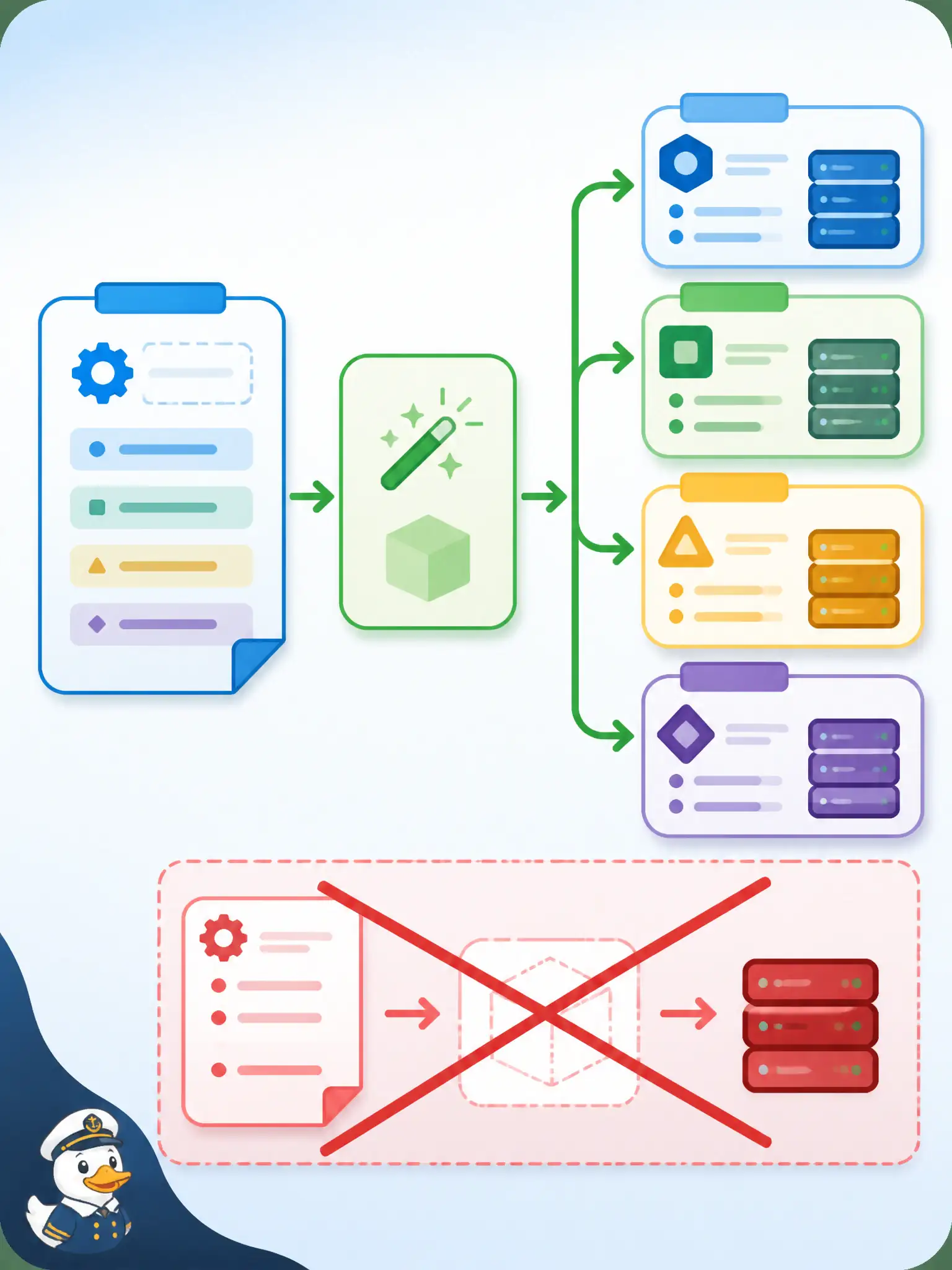 To Create an exciting colorful infographic that explains the concepts in the question: Question: Which UCS Manager method creates named service-profile instances from a given template? Correct Answer: lsInstantiateNNamedTemplate / lsInstantiateTemplate (or the SDK wrapper that issues it). Put EVERY visible label in double quotes. No people. No A/B/C/D letters. In one of the four corners put a little "Navy Duck".