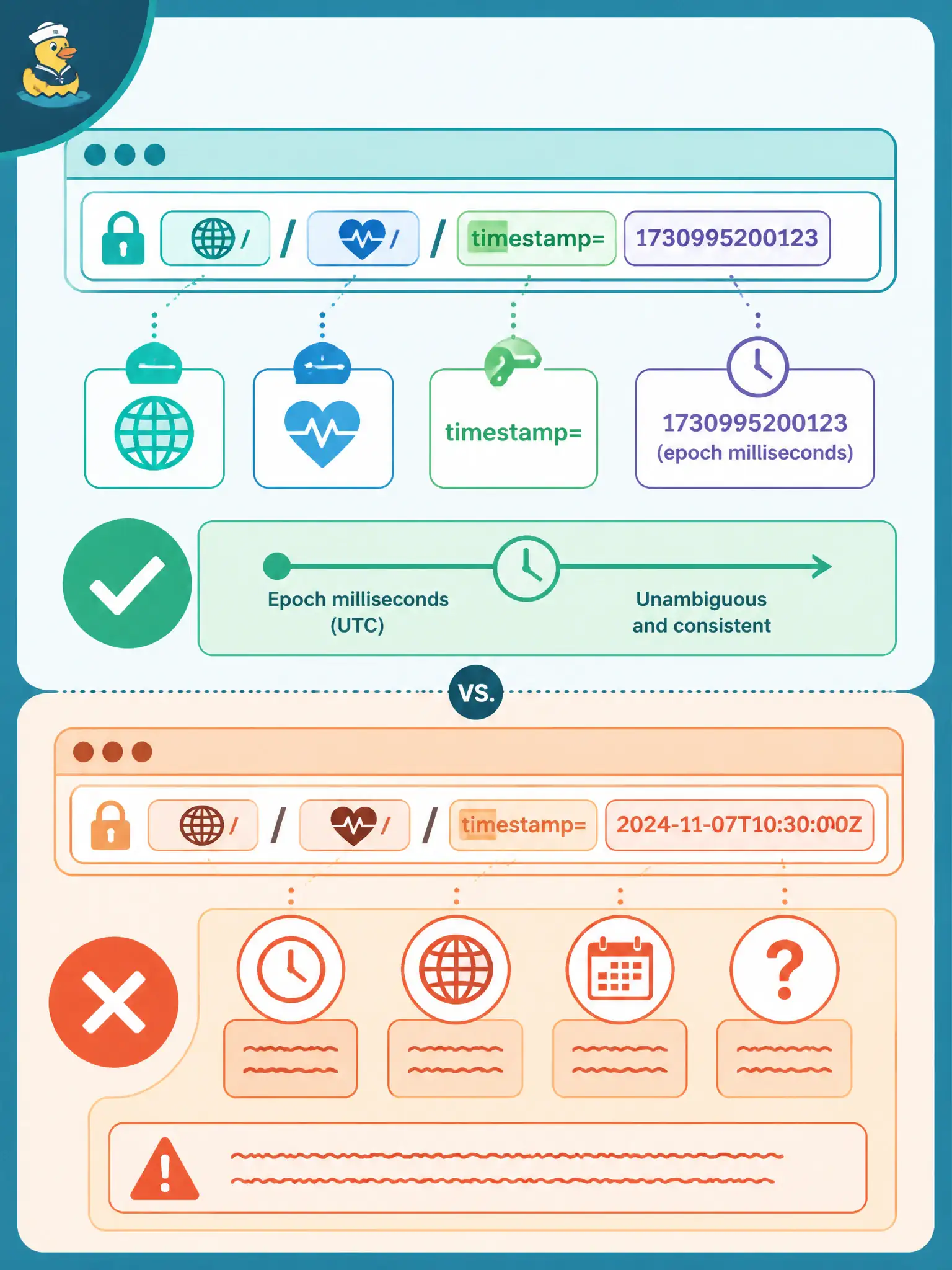 To Create an exciting colorful infographic that explains the concepts in the question: Question: A city script needs DNA Center client-health at a specific past moment. Which timestamp query shape is correct? Correct Answer: Pass timestamp as epoch milliseconds; omitting it means “now.” Put EVERY visible label in double quotes. No people. No A/B/C/D letters. In one of the four corners put a little "Navy Duck".