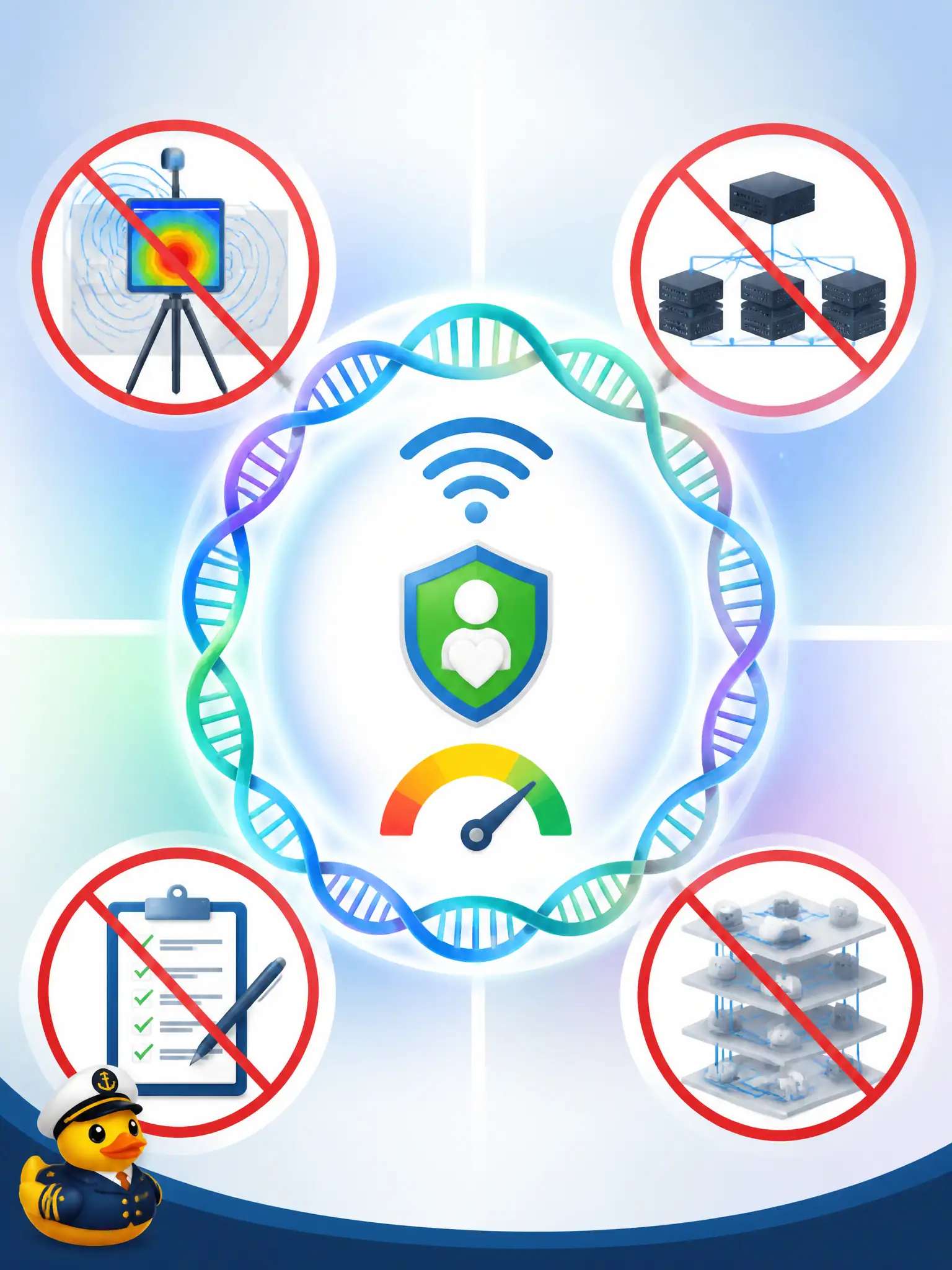 To Create an exciting colorful infographic that explains the concepts in the question: Question: For DEVCOR task 3.6 wireless health, which constructed focus is correct? Correct Answer: Retrieve and display assurance client-health scores from DNA Center Intent APIs. Put EVERY visible label in double quotes. No people. No A/B/C/D letters. In one of the four corners put a little "Navy Duck".
