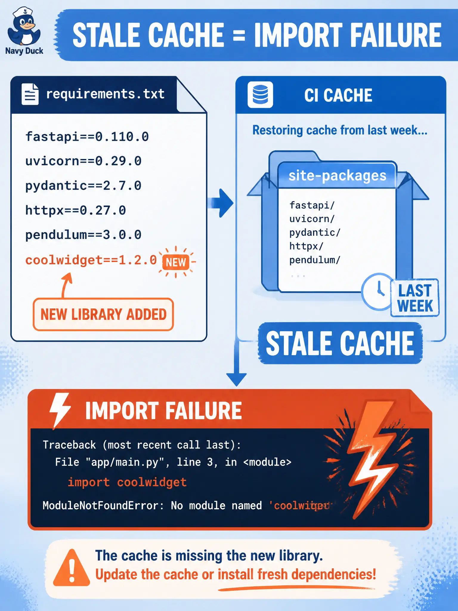 To Create an exciting colorful infographic that explains the concepts in the question: Question: Requirements now list a new DNA Center client library, but CI restores last week’s cached site-packages, reports install success, then fails on import of the new module. Where should diagnosis start? Correct Answer: At the cached install layer that hid the dependency change from a fresh resolve. Put EVERY visible label in double quotes. No people. No A/B/C/D letters. In one of the four corners put a little "Navy Duck".