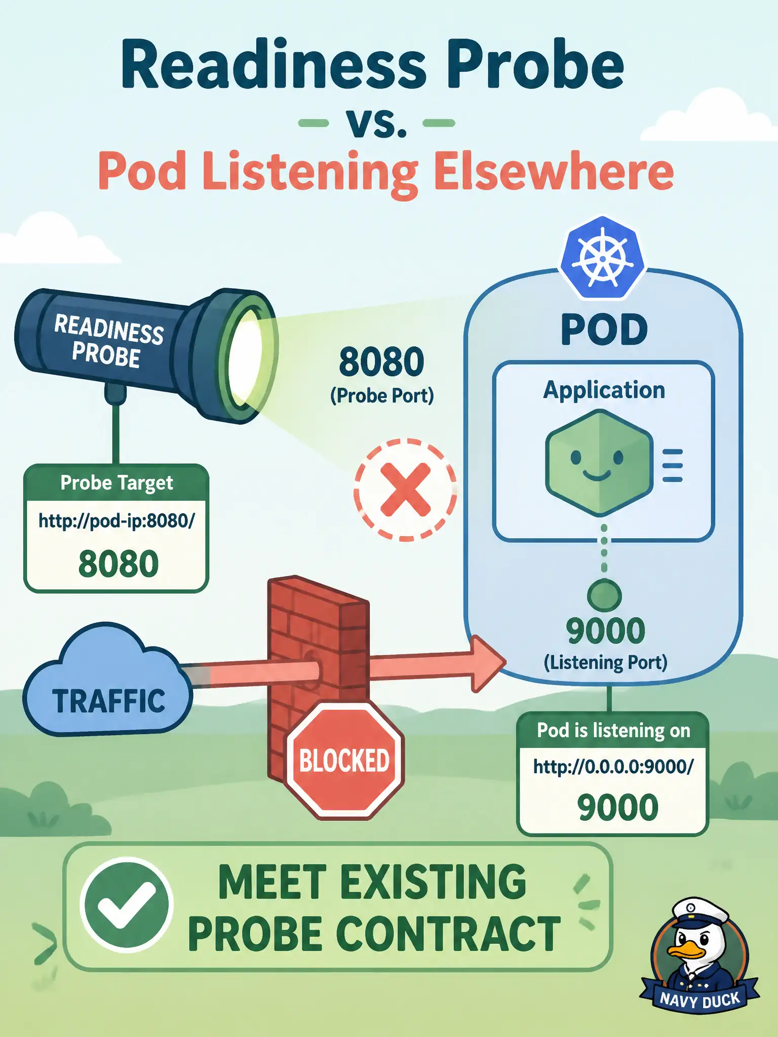 To Create an exciting colorful infographic that explains the concepts in the question: Question: The prebuilt CD only shifts traffic to pods that pass the environment’s existing readiness probe on port 8080. A new image listens only on 9000. What happens and what must the app meet? Correct Answer: The app must meet the existing health-probe contract (listen where readiness checks) or it integrates into a black hole. Put EVERY visible label in double quotes. No people. No A/B/C/D letters. In one of the four corners put a little "Navy Duck".